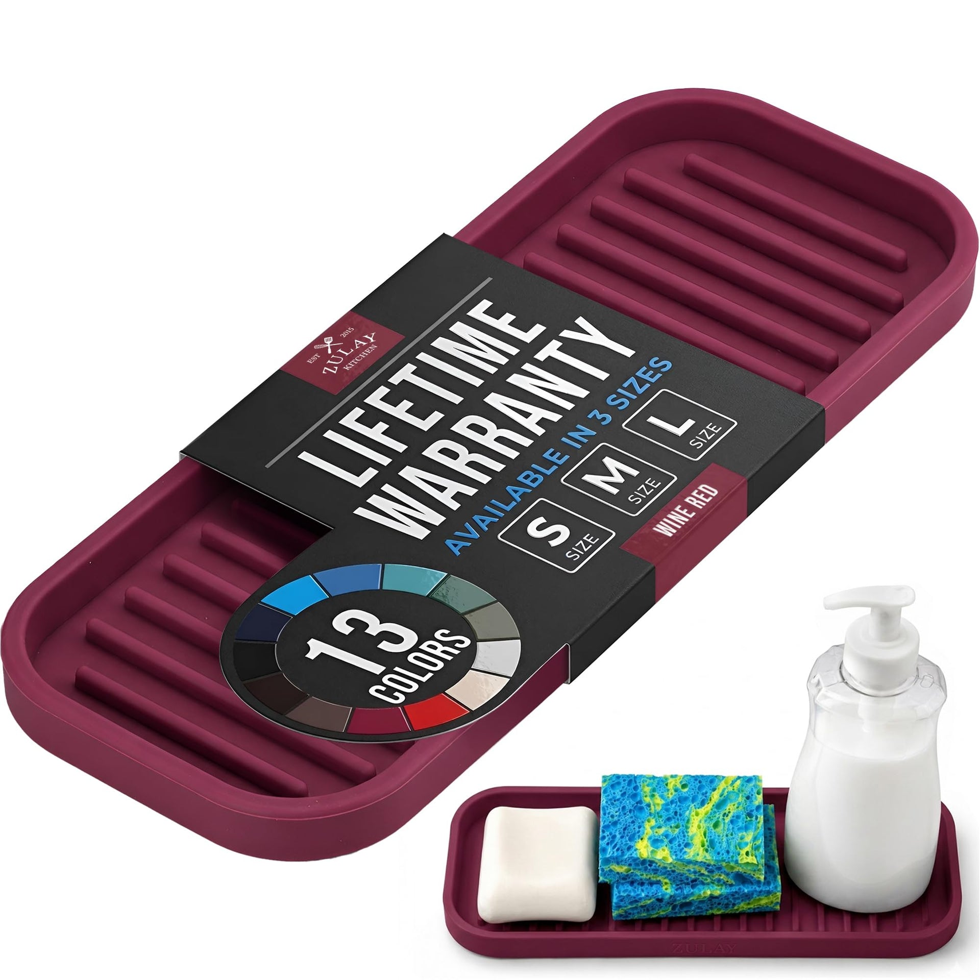 9x3.5) Silicone Sponge Holder for Kitchen Sink - Flexible Multipurpose Soap Tray - Sink Organizer for Kitchen, Bathroom, Makeup, Trinkets & More (Wine Red)