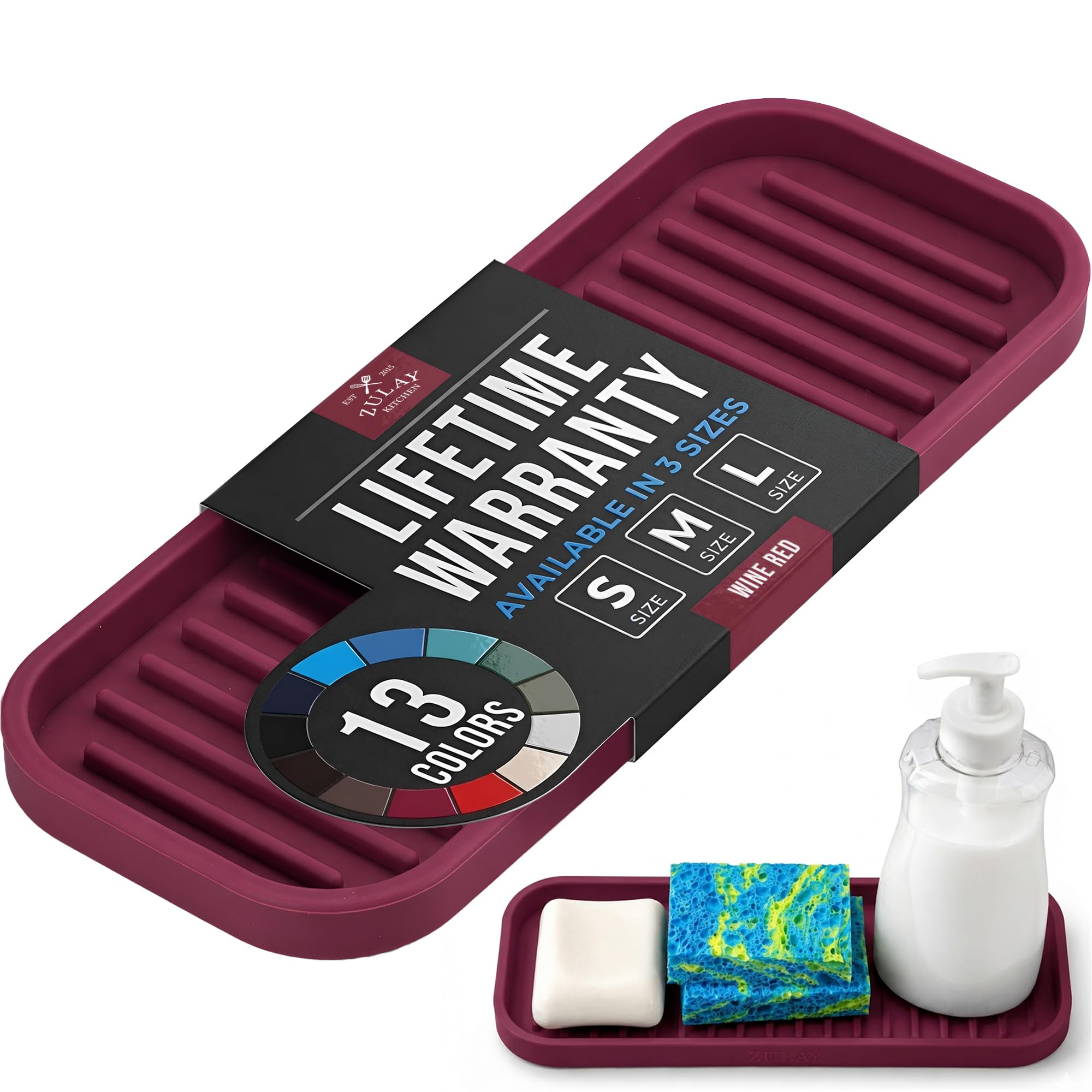 9x3.5) Silicone Sponge Holder for Kitchen Sink - Flexible Multipurpose Soap Tray - Sink Organizer for Kitchen, Bathroom, Makeup, Trinkets & More (Wine Red)