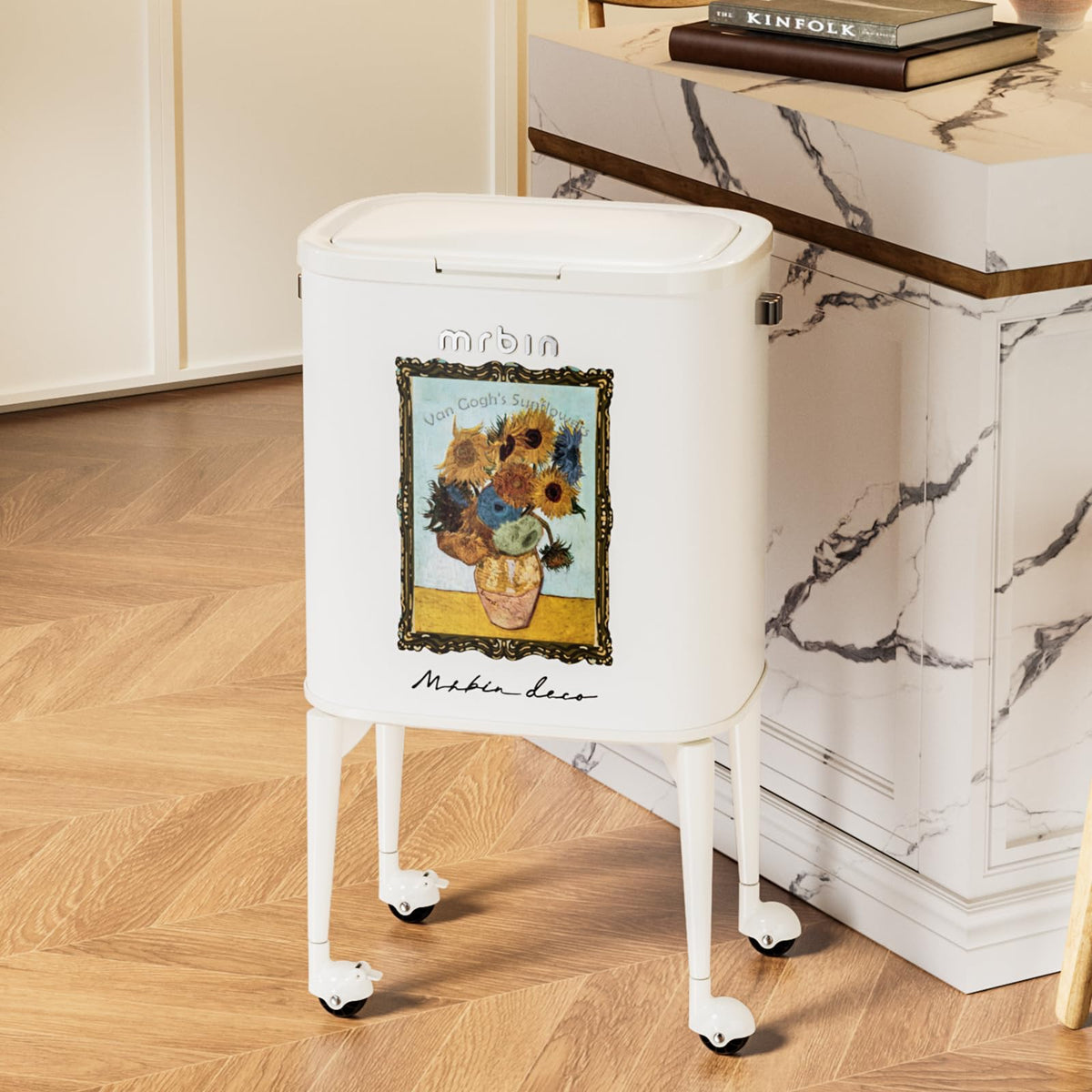 23L Art Decor Trash Can with Wheels