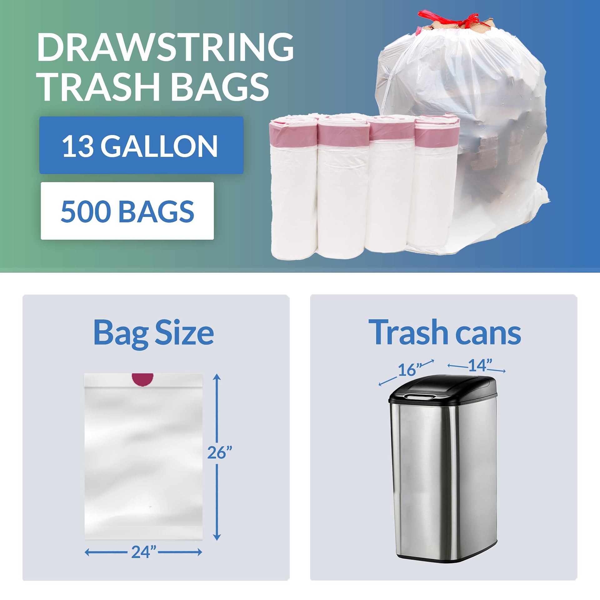 Tall Kitchen Drawstring Trash Bags 13 Gallon (500 Count)