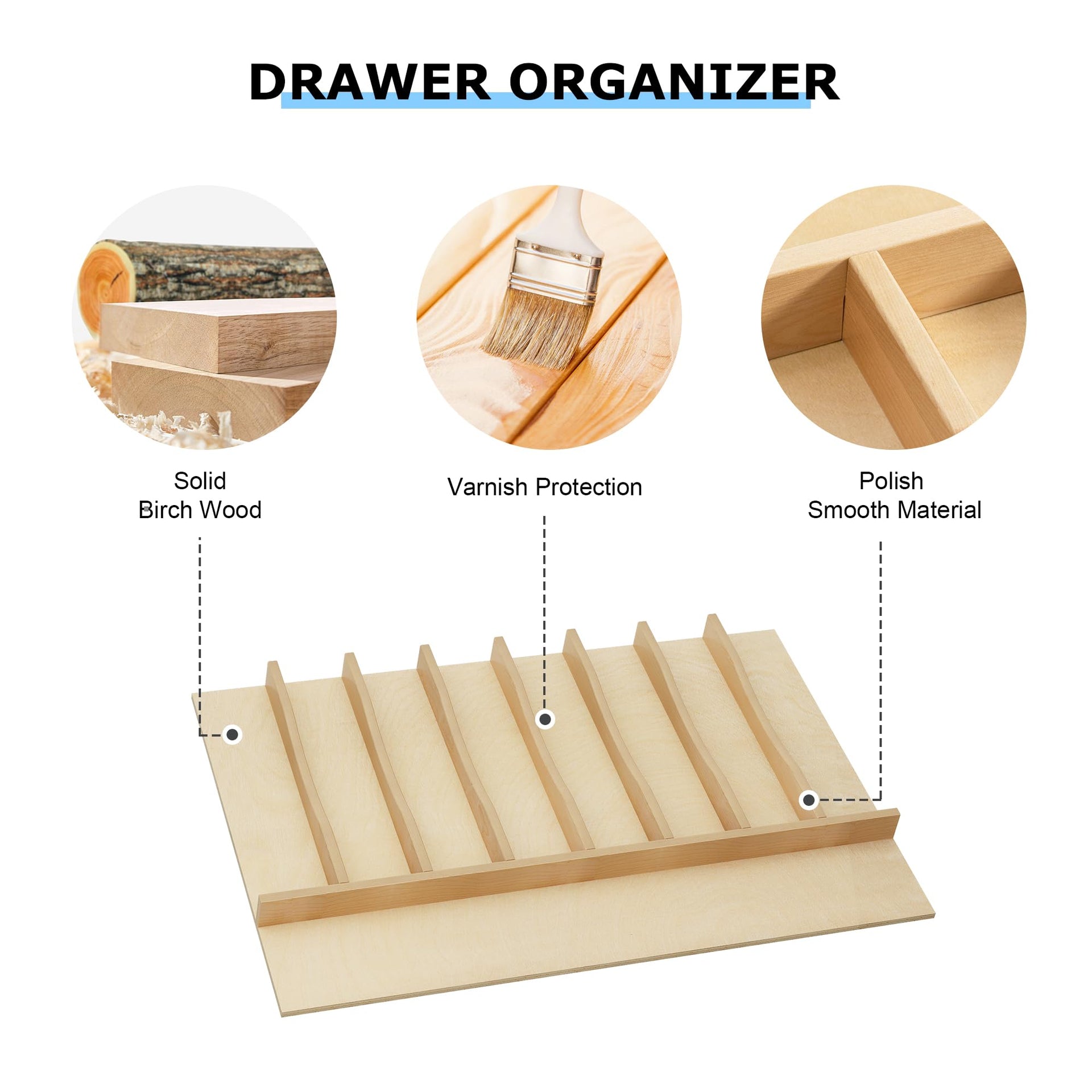 Solid Birch Wood Silverware Drawer Organizer