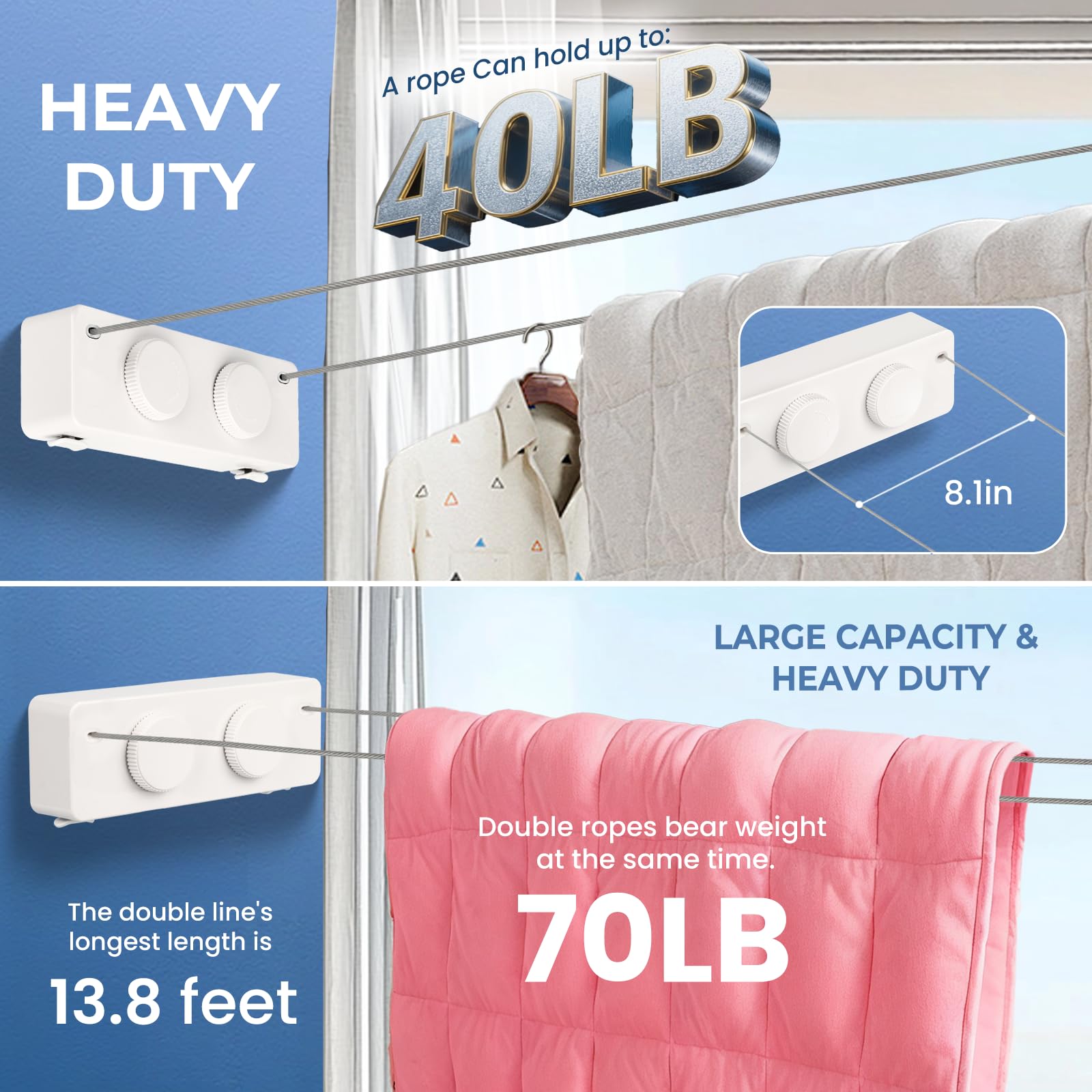 Retractable Clothesline Indoor Outside Heavy (13.8 Foot)