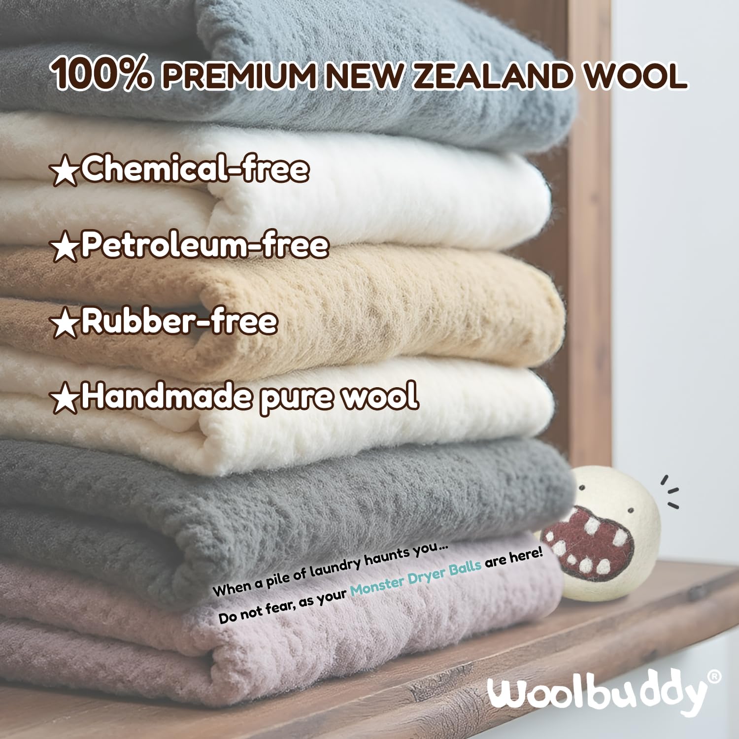 Monster Dryer Balls 6 PCS Natural Handmade Wool Balls for Laundry (6 Count)