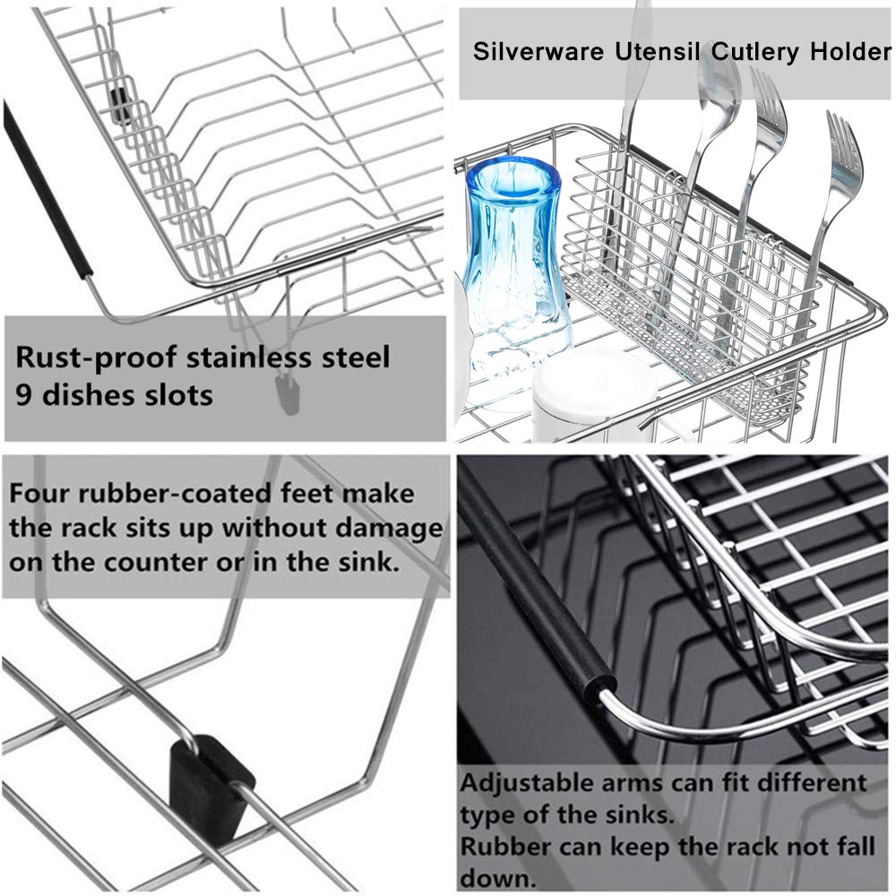 Large Expandable Dish Drying Rack Dish Rack Drainer with Stainless Steel Utensil Holder Over The Sink Dish Drainer Dish Rack in Sink On Counter