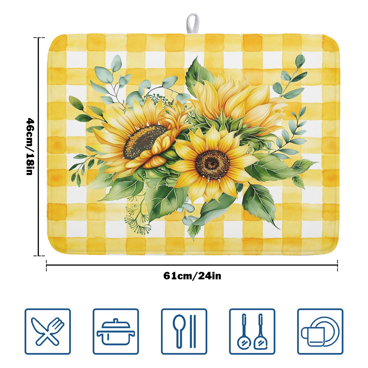 Sunflower Dish Drying Mat 18x24 Inch Absorbent Reversible Summer Sunflower Drying Mat Summer Plaid Dish Drying Rack Mat Yellow Summer Themed Dish Drainer Mat for Kitchen Counter Coffee Bar