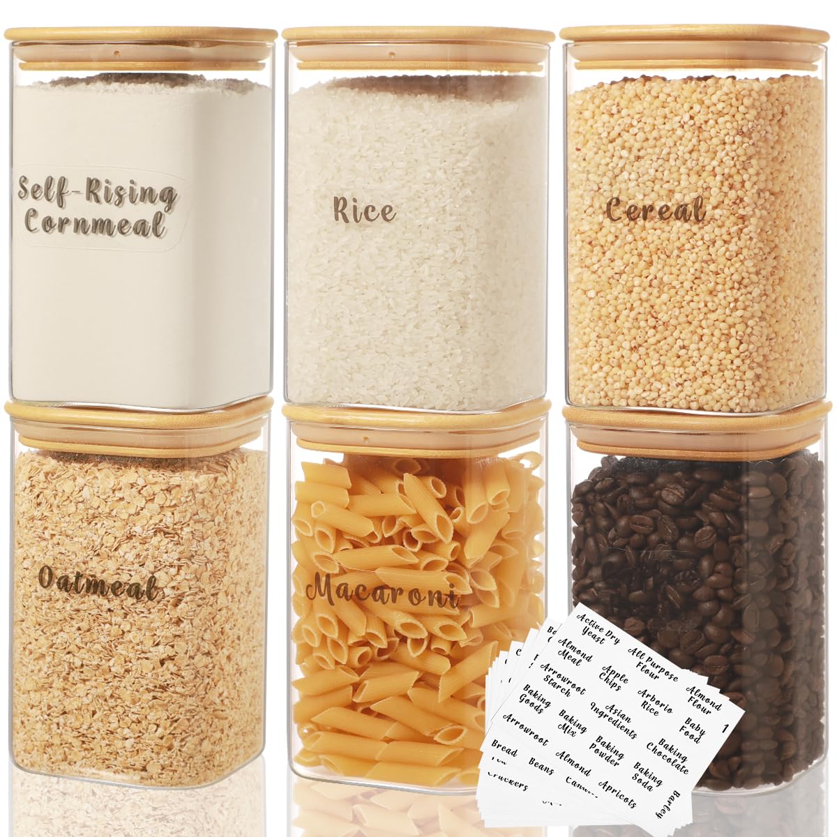 6 Pcs Square Glass Pantry Storage Containers with Bamboo Airtight Lid and 248 Clear Pantry Labels Preprinted
