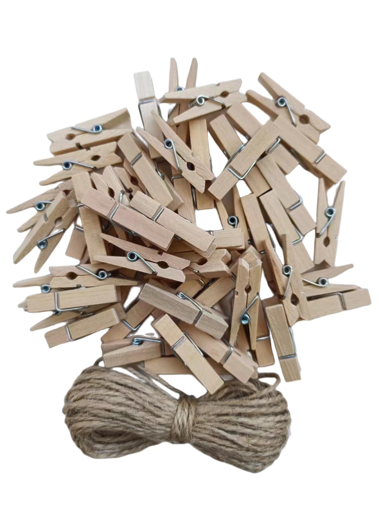 50PCS Small Wooden Clothespins for Pictures with Jute Twine Miniature Clothes Pins for Crafts Decor Drying Clothing Peg Natural Wood Shirt Clips (50 Count)