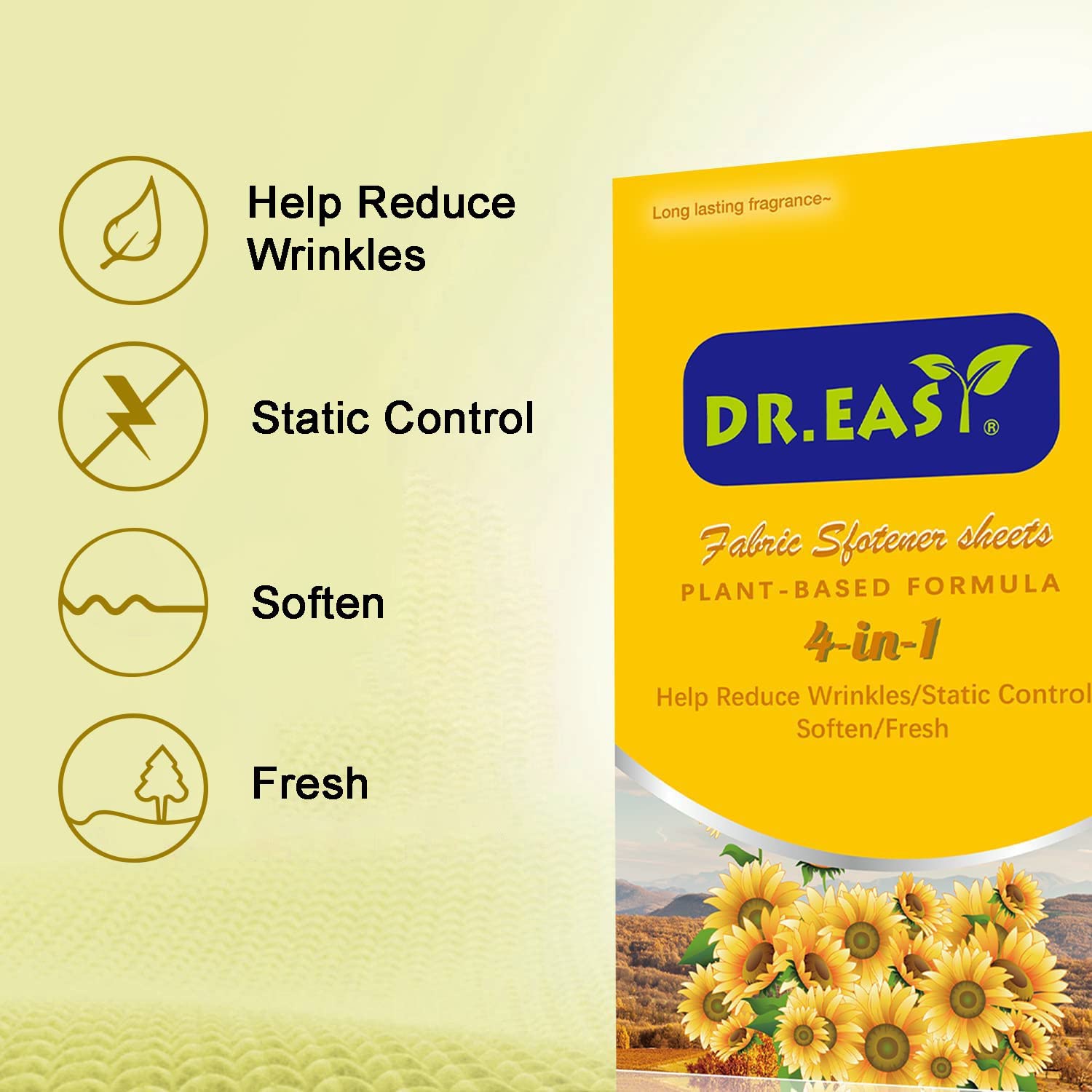 DR.EASY Dryer Sheets Plant Based Formula 252 Ct Fabric Softener sheets for Laundry Sunfresh Essential Oil Scented No Artificial Fragrances No Dyes Reduce Static & Wrinkles Help Repel Pet Hair (252 Count)