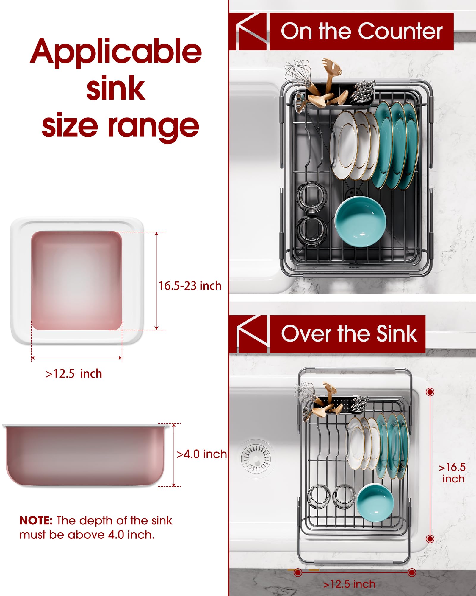 Extendable Dish Drying Rack Over Sink with Dish Drainer