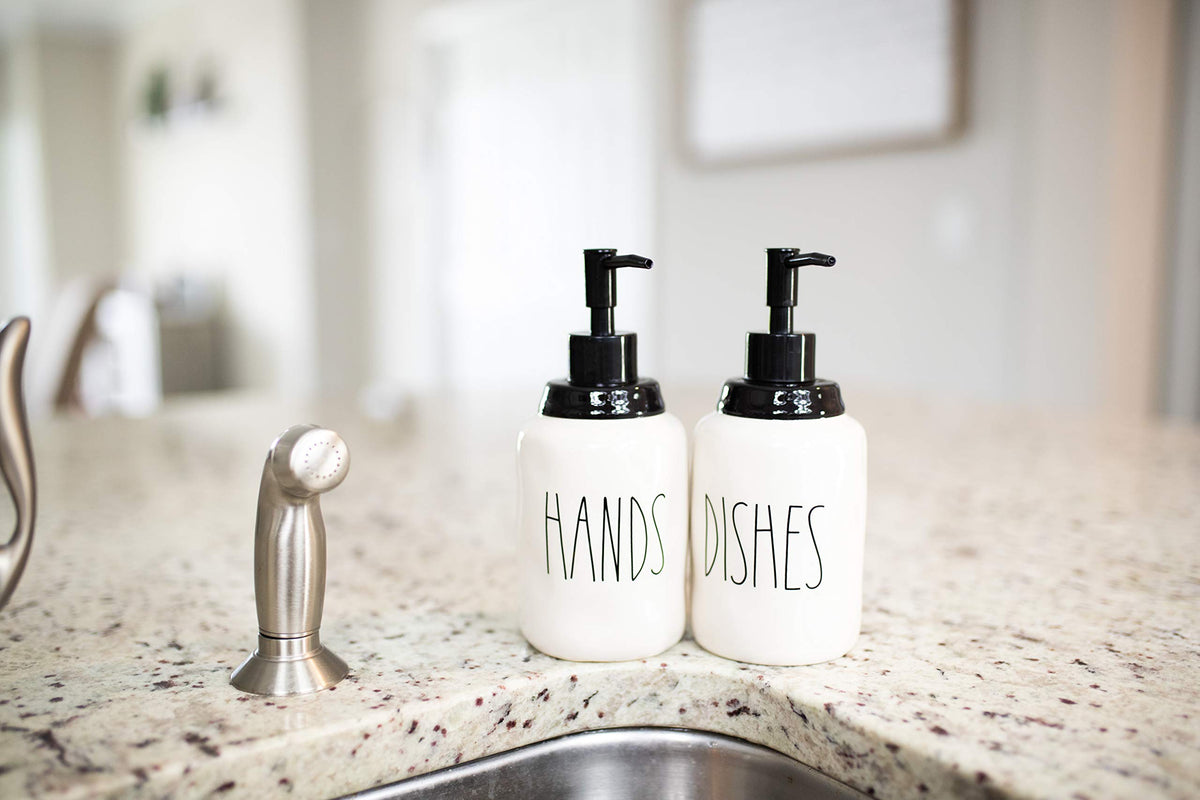 Modern Farmhouse Ceramic Dishes and Hands Soap Dispenser Set for Kitchen (2 Count)
