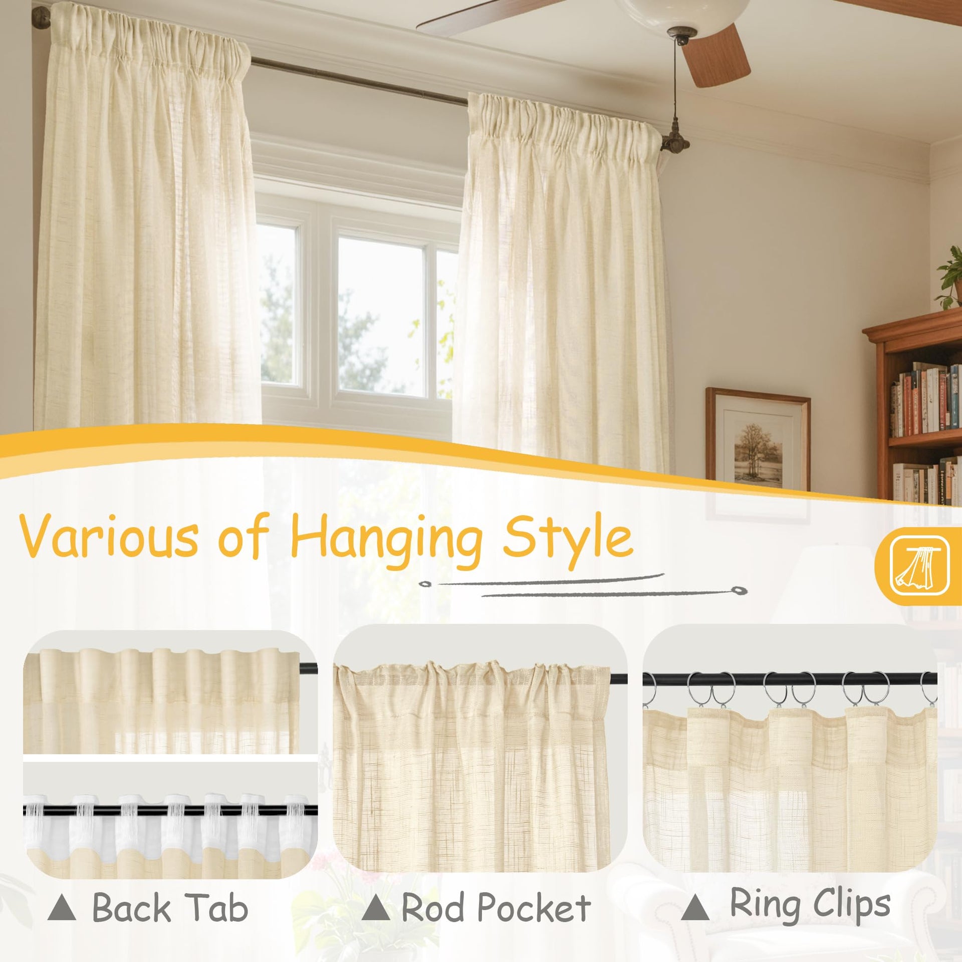 Beige Linen Semi Sheer Curtains 68 Inch Length 2 Panels (2 Count)