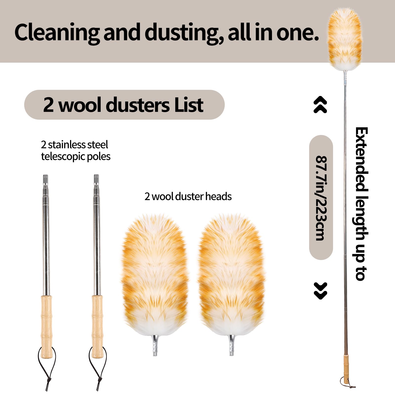 Lambswool Duster for Cleaning with Solid Wooden Handle Leather Hang Strap 87.8" Removable Retractable Feather Duster for Cleaning Ceiling Fans Window Blinds Interior Roof Furniture