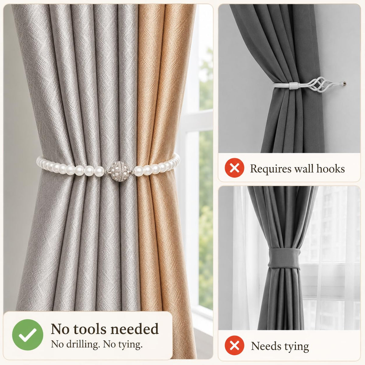Pearl Bow Magnetic Curtain Tiebacks 2 Pack (2 Count)