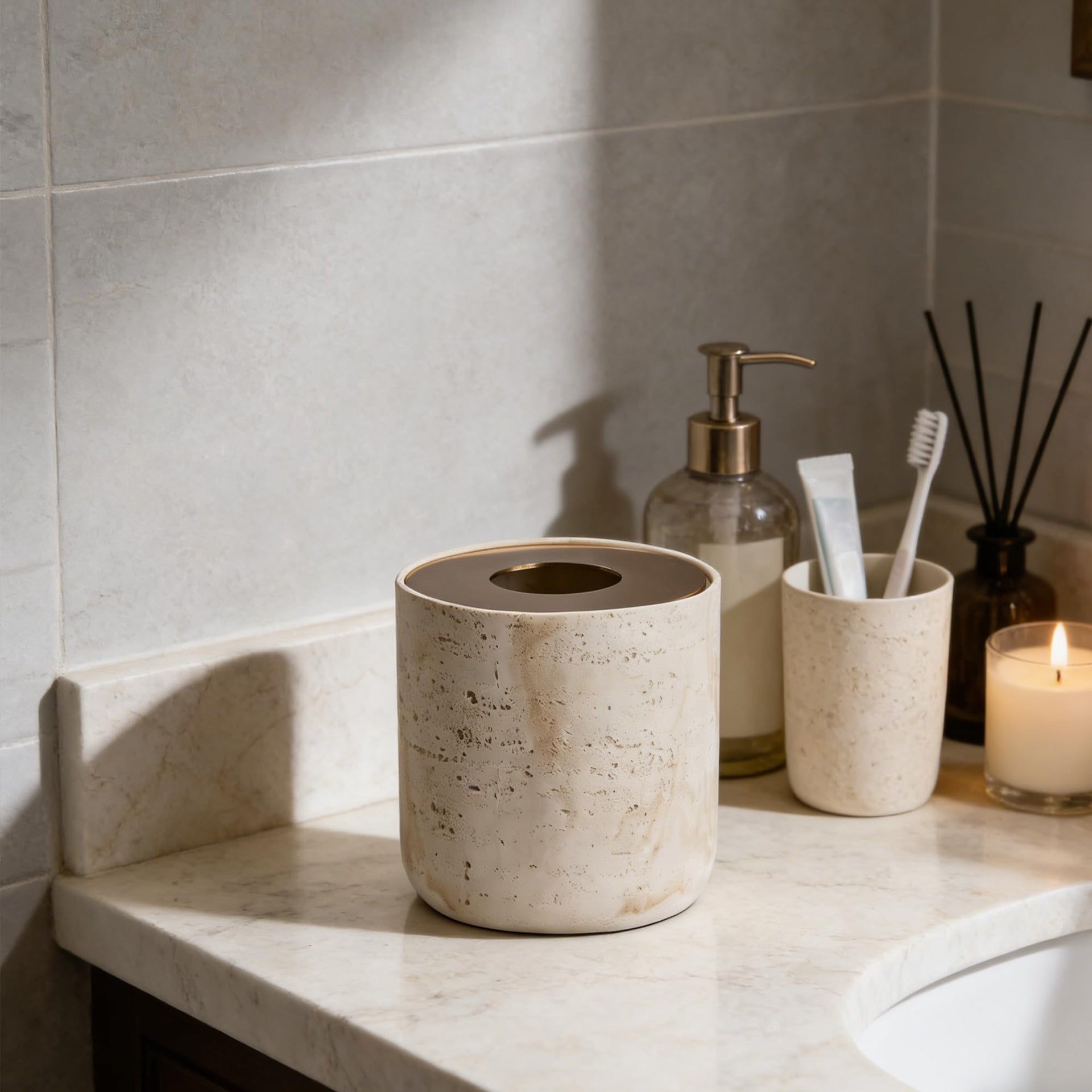 Natural Travertine Textures Mini Trash Can with Rose Gold Stainless Steel Lid