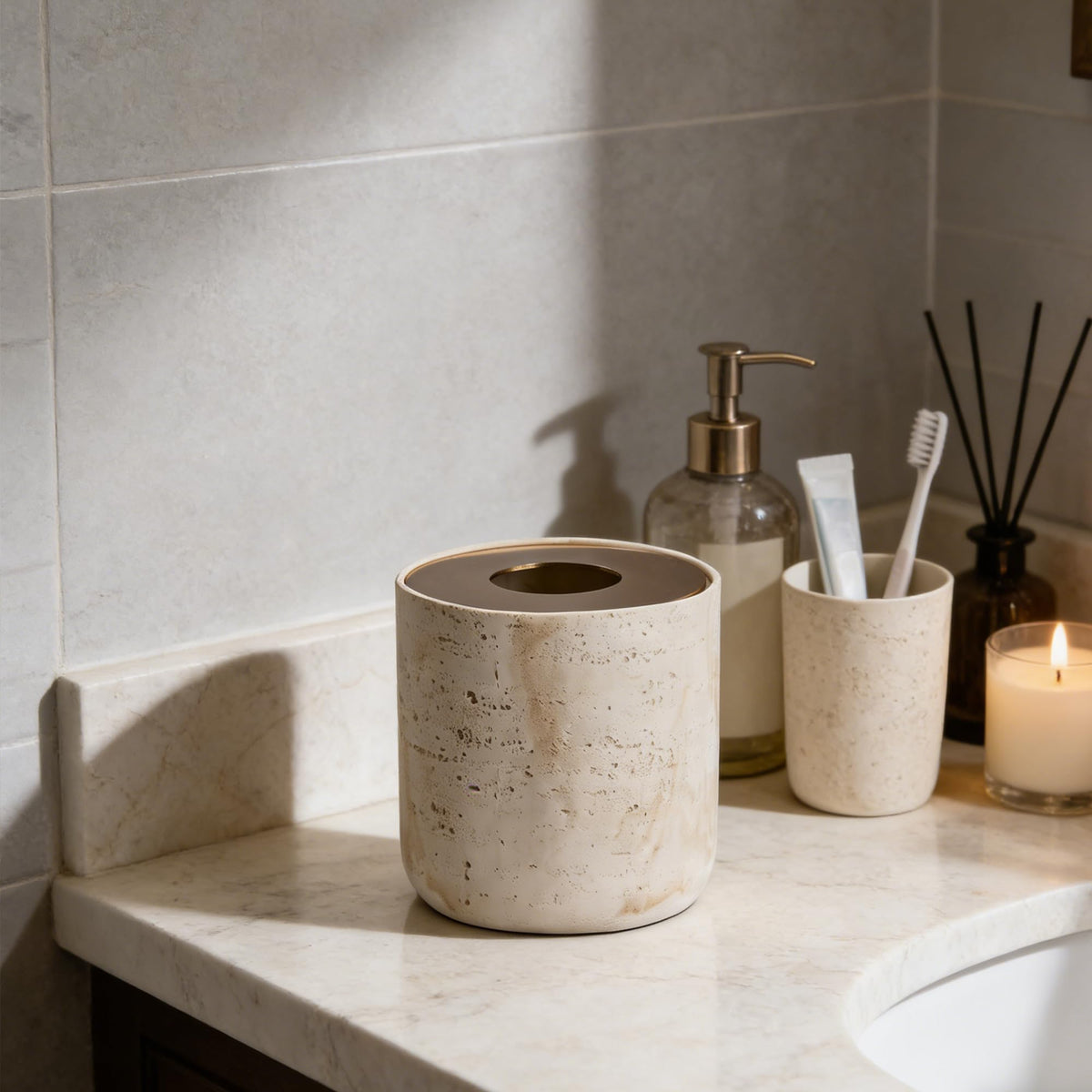 Natural Travertine Textures Mini Trash Can with Rose Gold Stainless Steel Lid