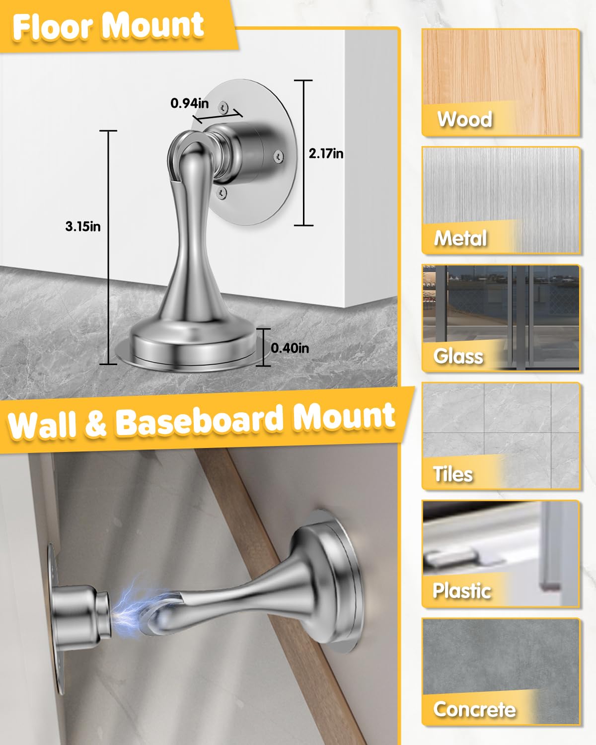 Door Stoppers for Bottom of Door Magnetic Door Catch Wall Mount 4 Pack (4 Count)