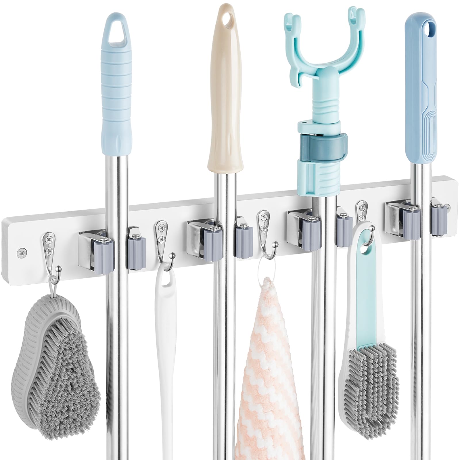 White Mop Broom Holder Wall Mount with 4 Slots & 4 Hooks