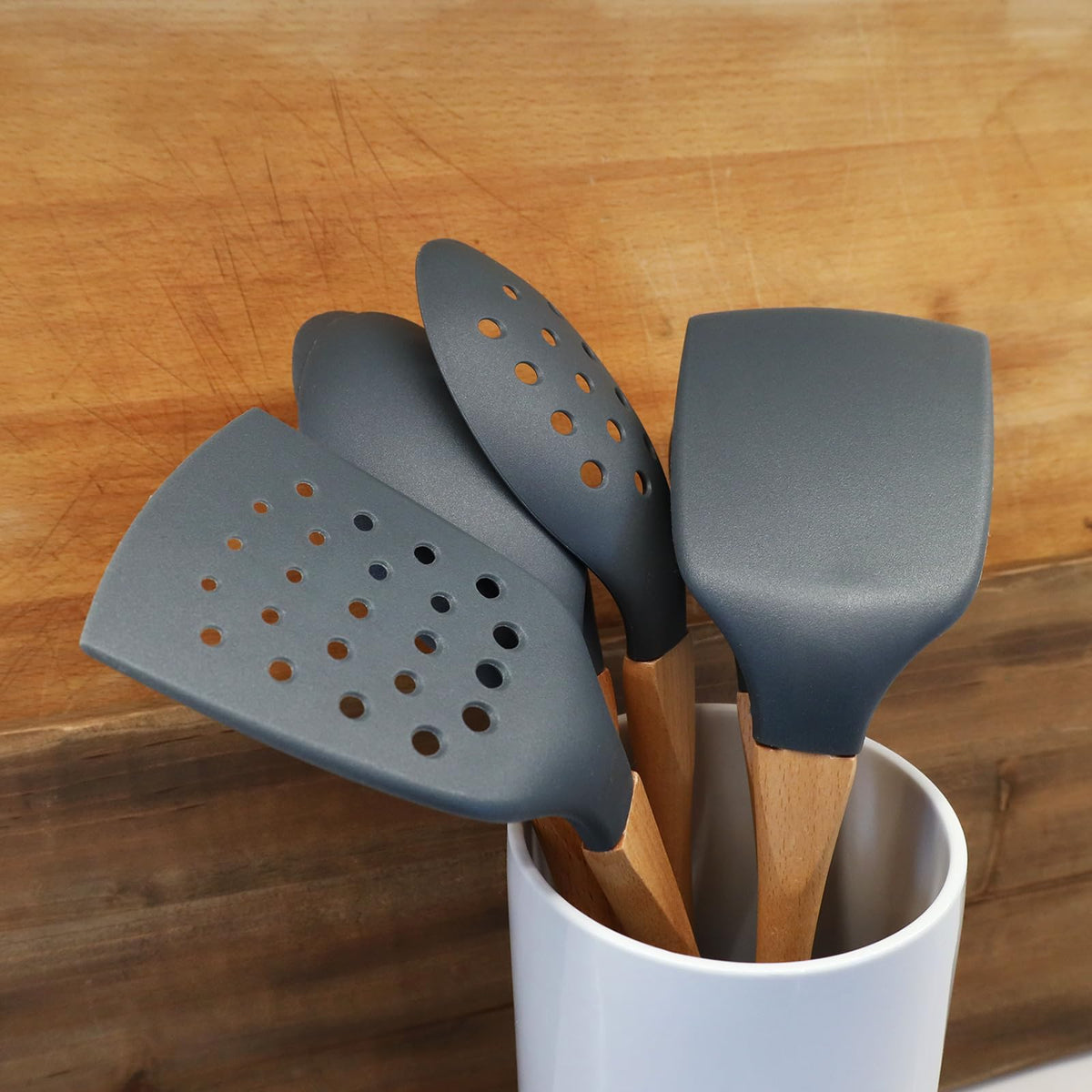 Grey Nylon Spoon with Wooden Handle Kitchen Utensils High Heat Resistance
