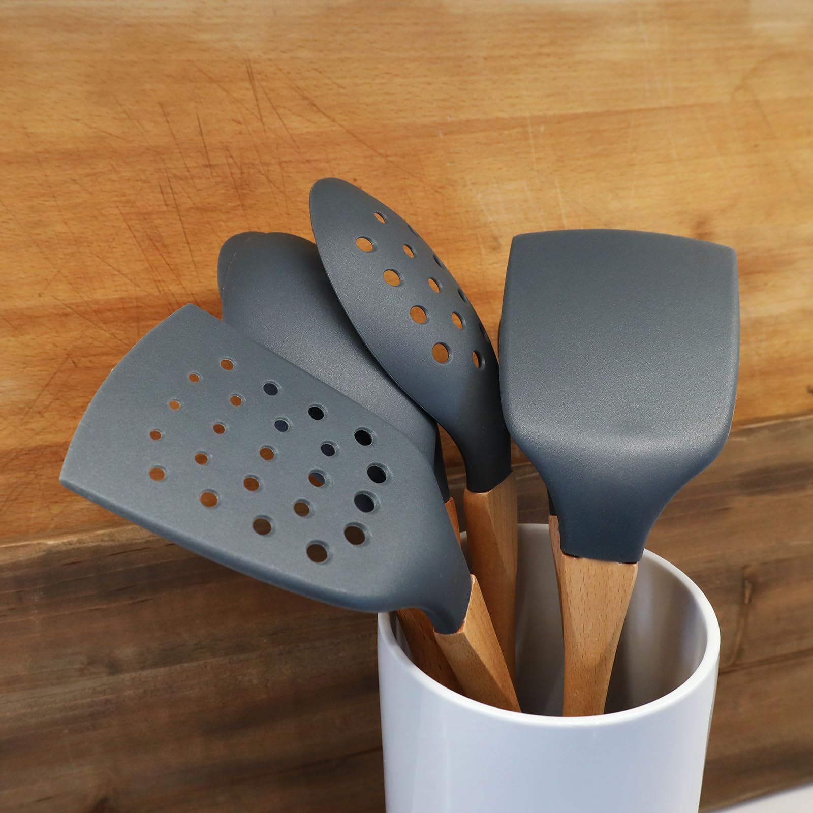 Grey Nylon Ladle with Soft Grip Ergonomic Wooden Handle Kitchen Utensils