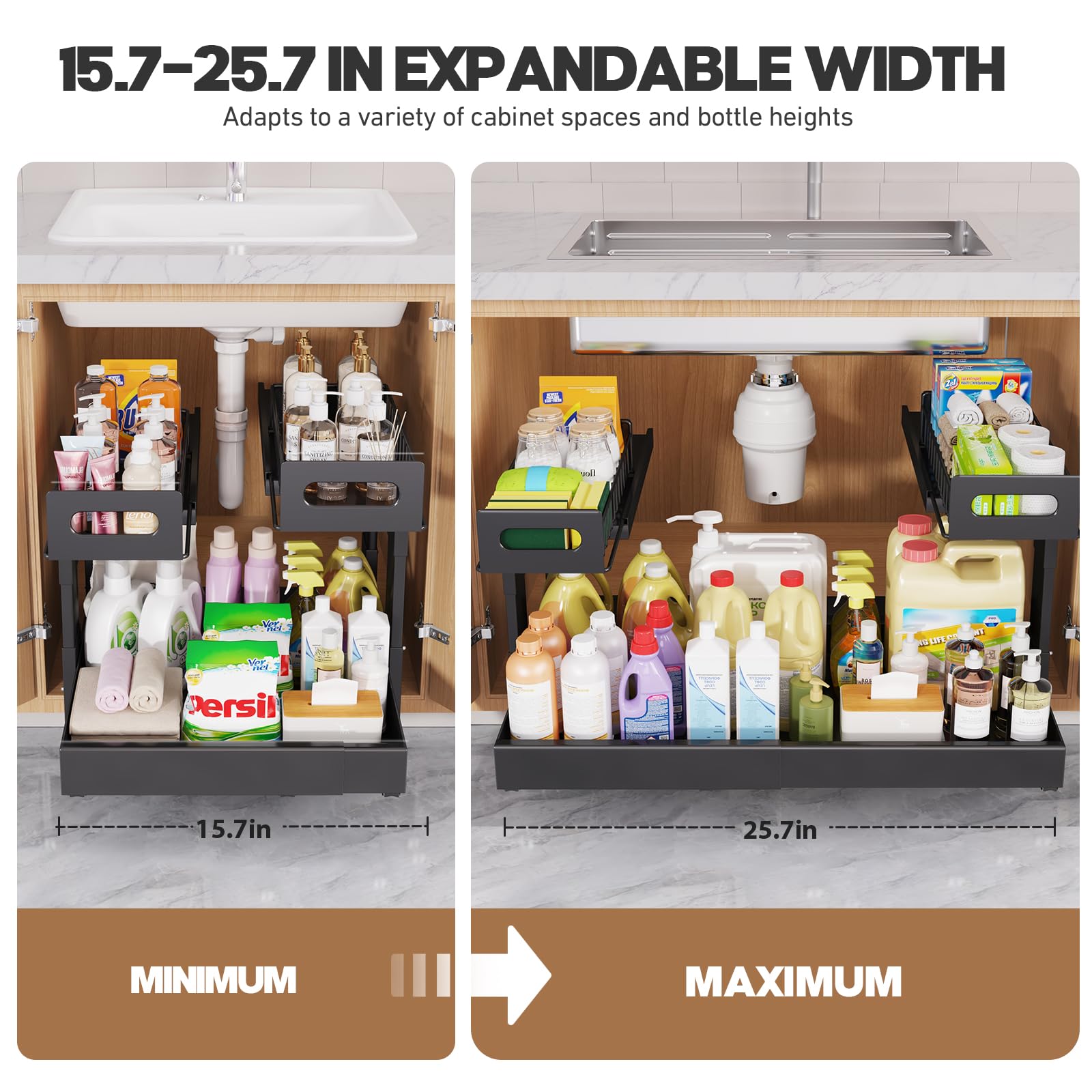 1 Pack-16"-26"W Expandable Under Sink Organizer With Upgrade Ball-Bearing Slide,2-Tier Pull Out Under Cabinet Organizer Height Adjustable,Not Suitable For Cabinets With Partitions In The Middle