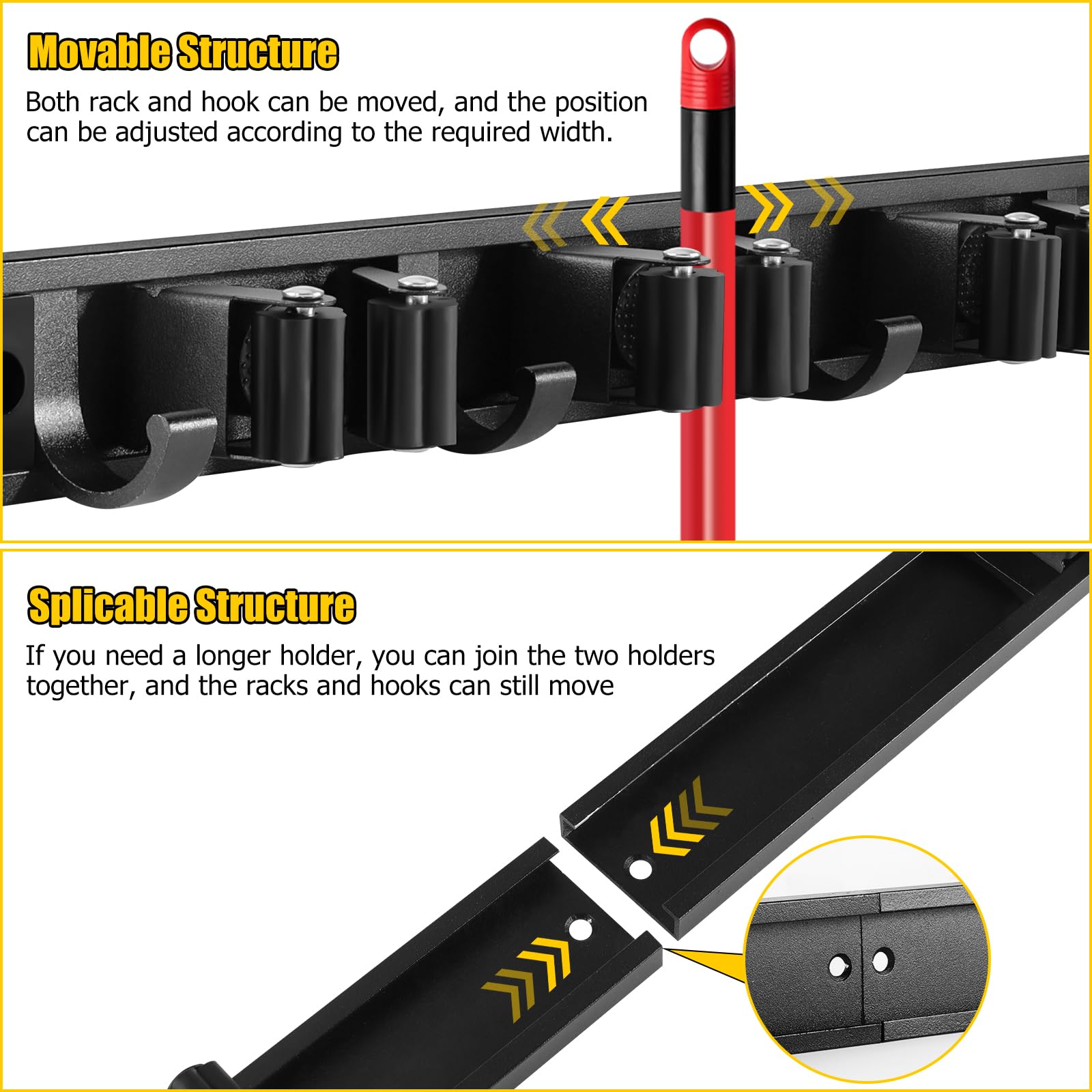 2 Pack Wall Mount Broom Holder with Sliding 3 & 4 Racks 4 Hooks