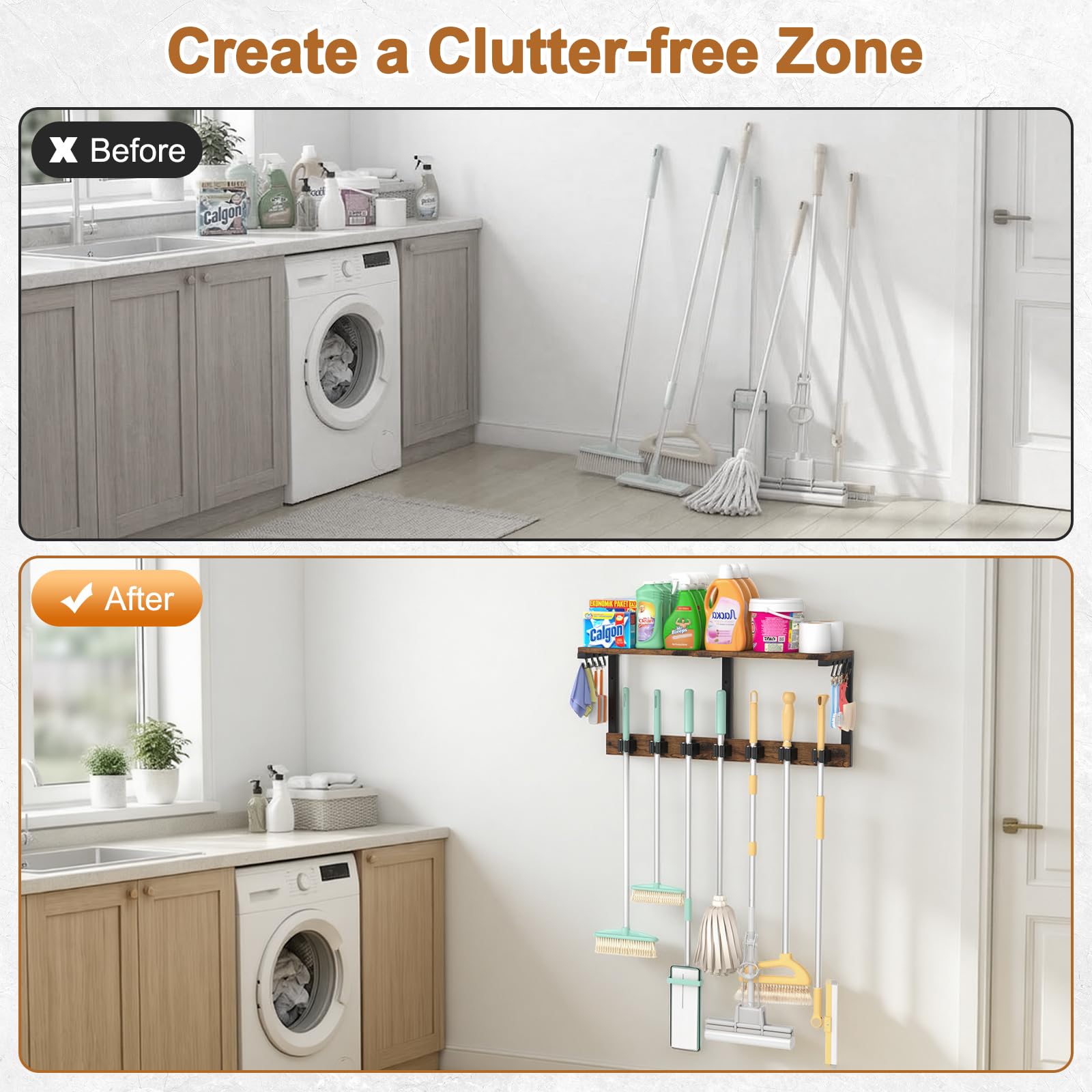 Wall Mount Broom Holder Laundry Room Storage Organizer Shelves