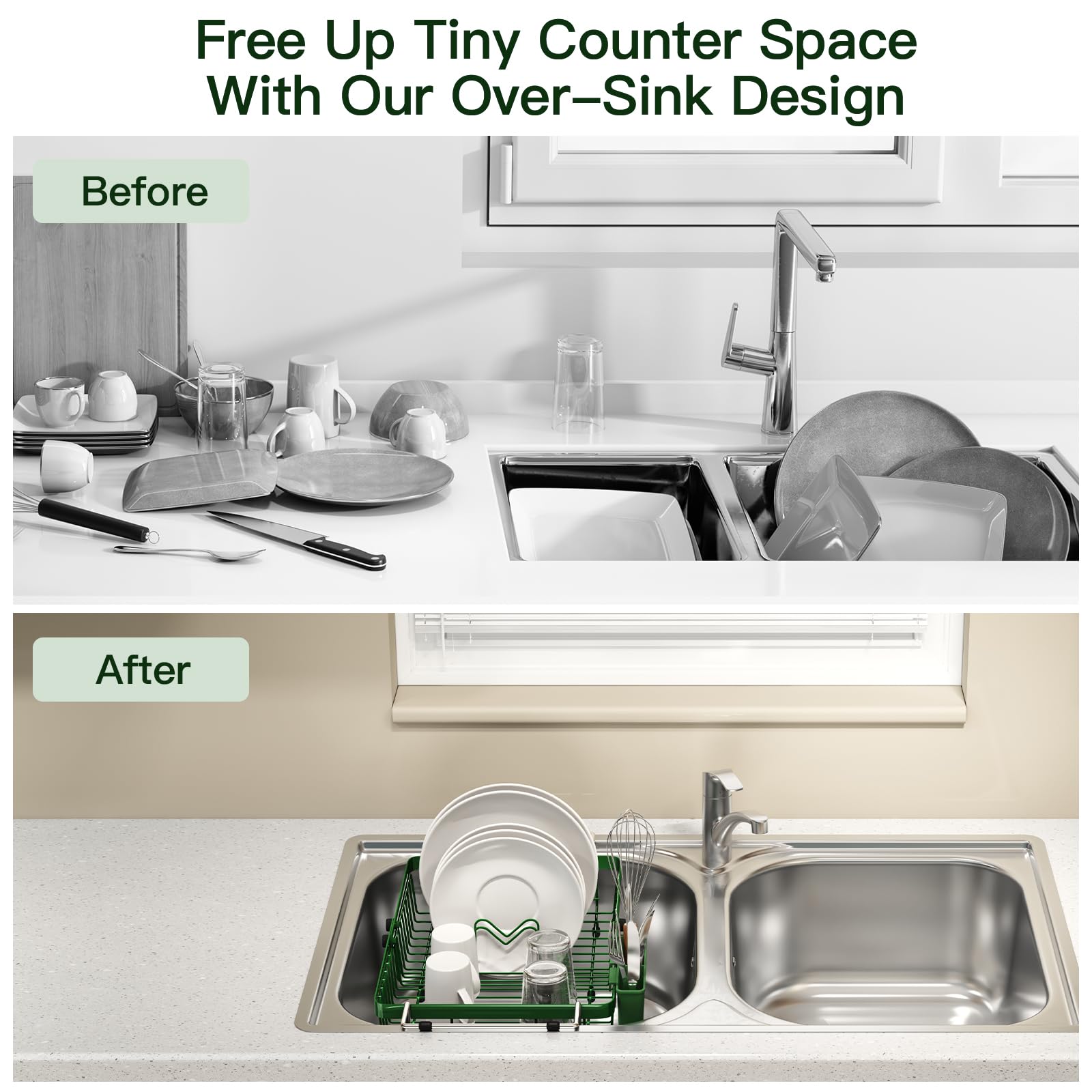 Green Dish Drying Rack Over The Sink with Utensil Holder
