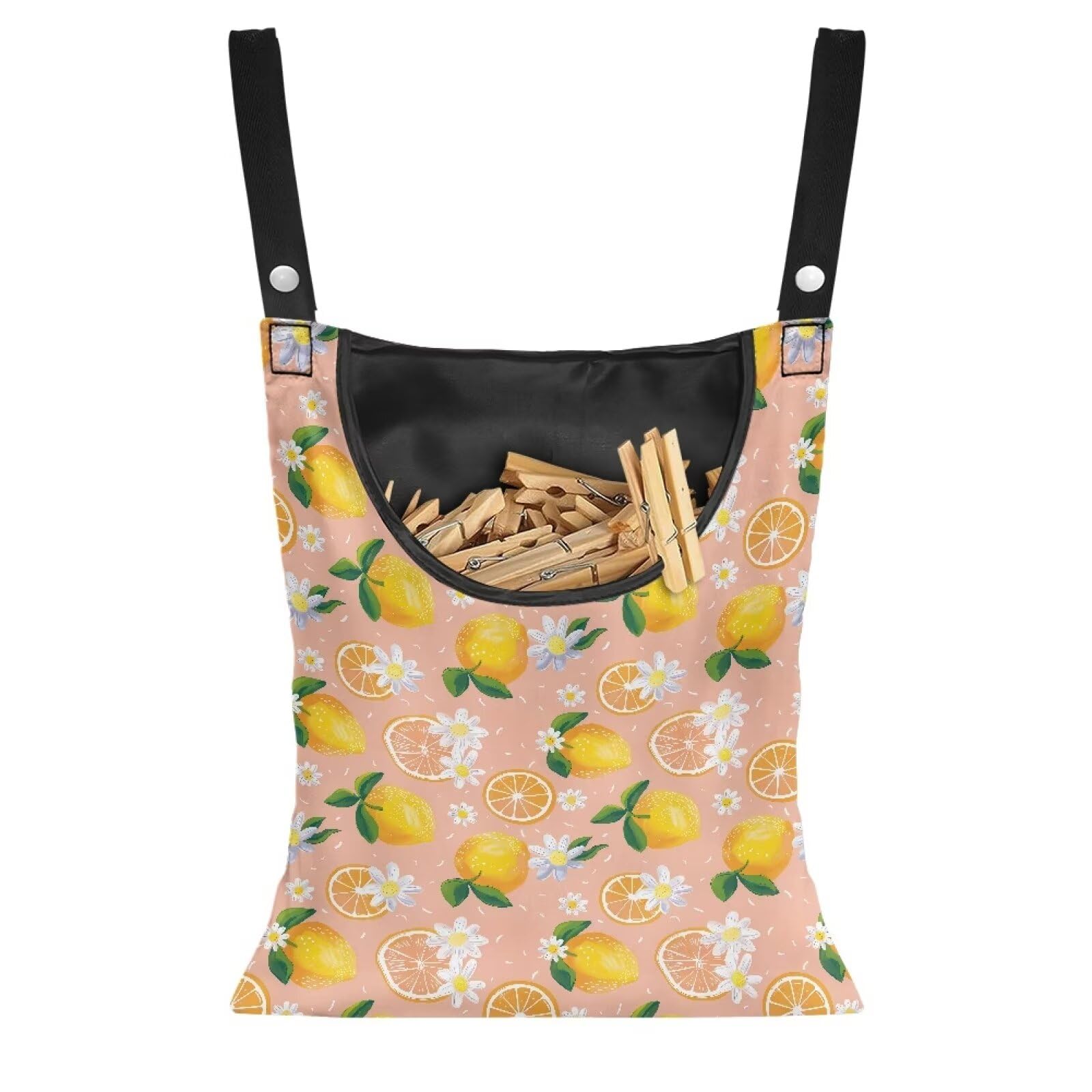 Lemon Print Clothespin Holder with Hanger Hook