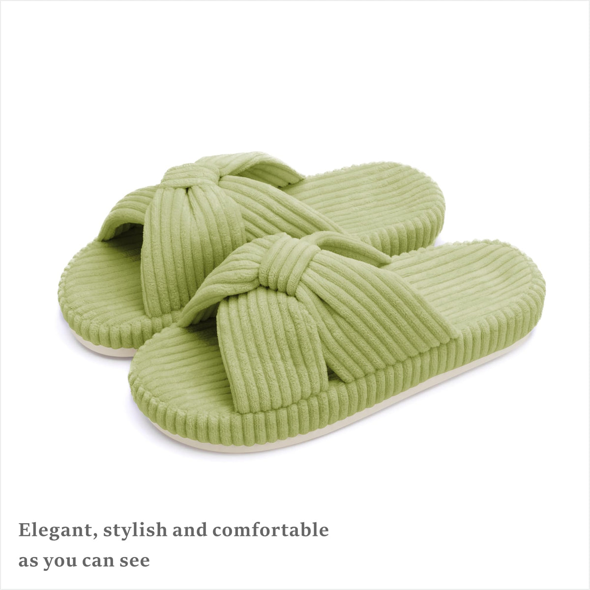 Slippers for Women Memory Foam House Bedroom Corduroy Bow Crossbands Slipper Shoes Comfy Trendy Gift Slippers Avocado Green Size 5 6 5.5