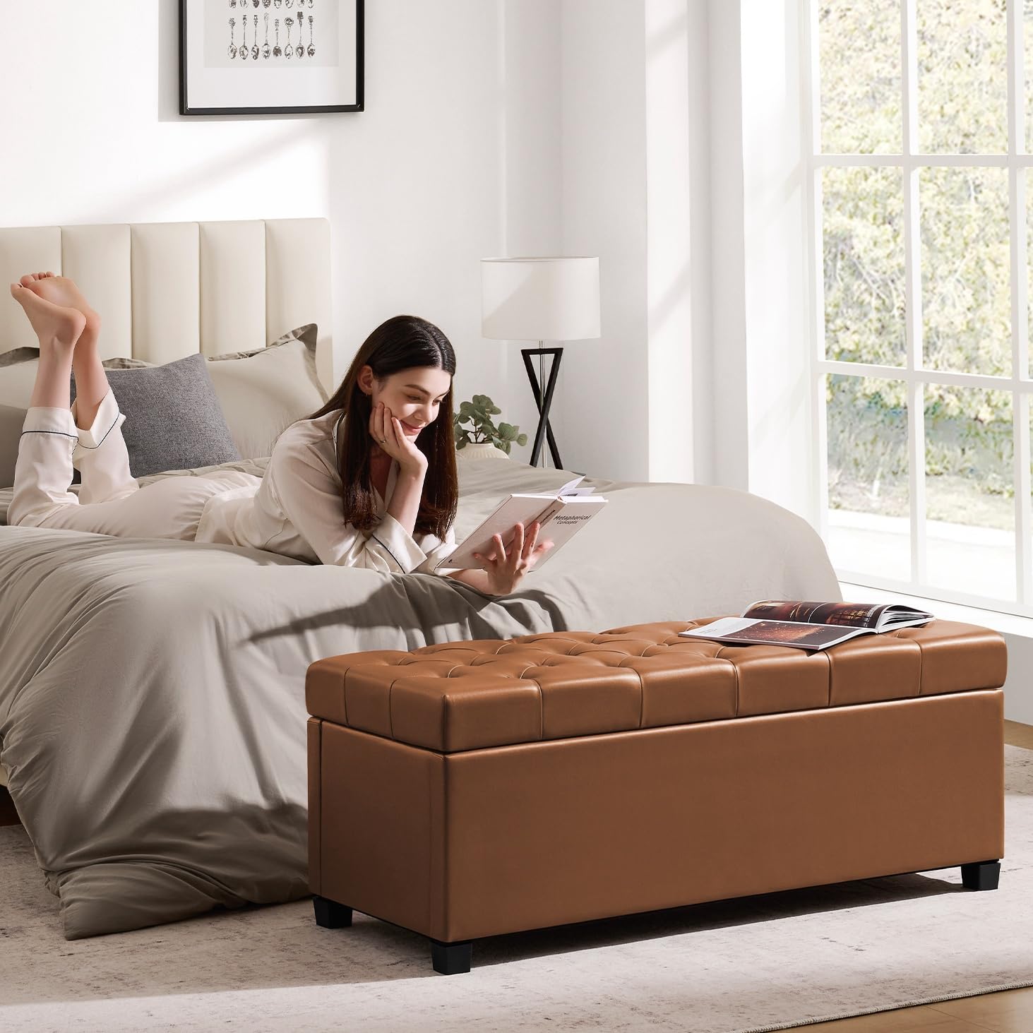 Leather Storage Ottoman Bench for Bedroom