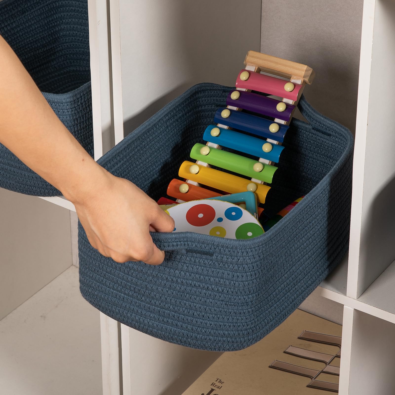 3 Pack Storage Baskets for Shelves Cotton Rope Storage Bins Blue (3 Count)