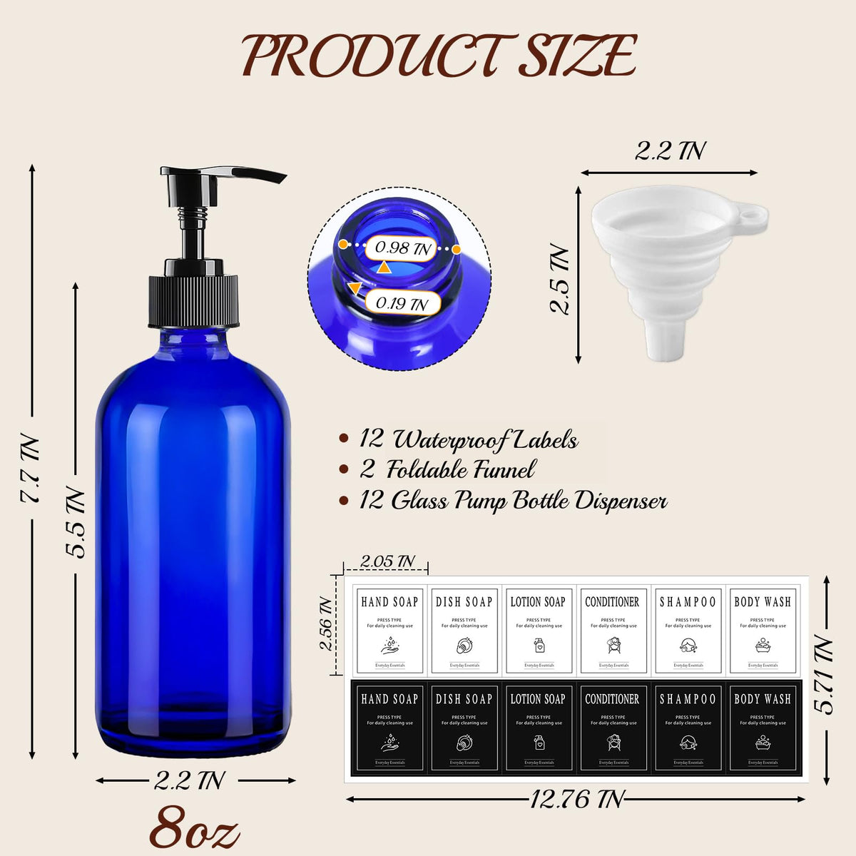 12 Pack 8oz Blue Glass Soap Dispensers with Pump (12 Count)