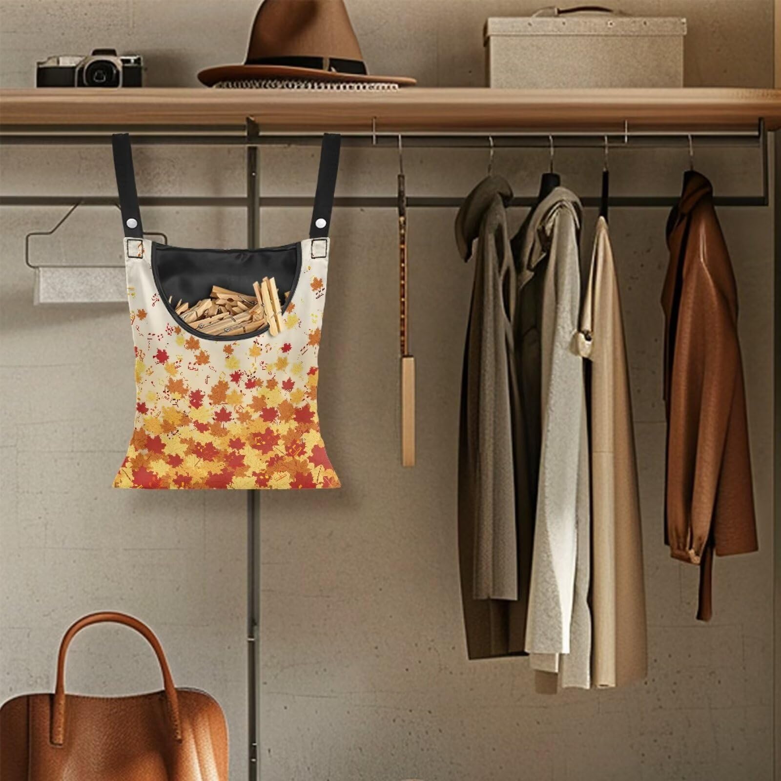 Maple Leaf Print Clothespin Bag Clothespin Bag for Clothesline Outdoor Clothespins Storage with Hanger Hook Waterproof Clothespins Bags Hanging for Indoor Outdoor