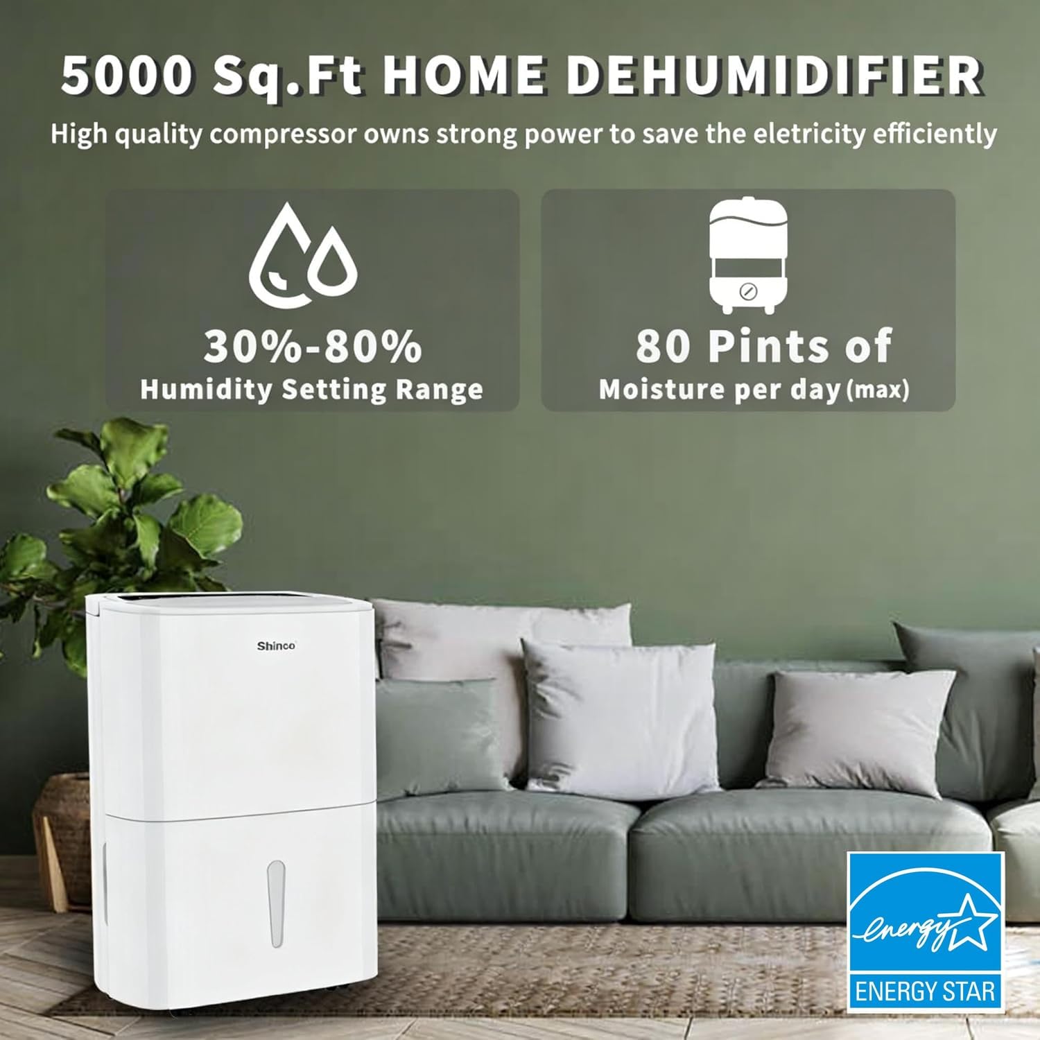 80 Pints Energy Star Dehumidifier with Drain Hose and WIFI for Large Spaces up to 5
