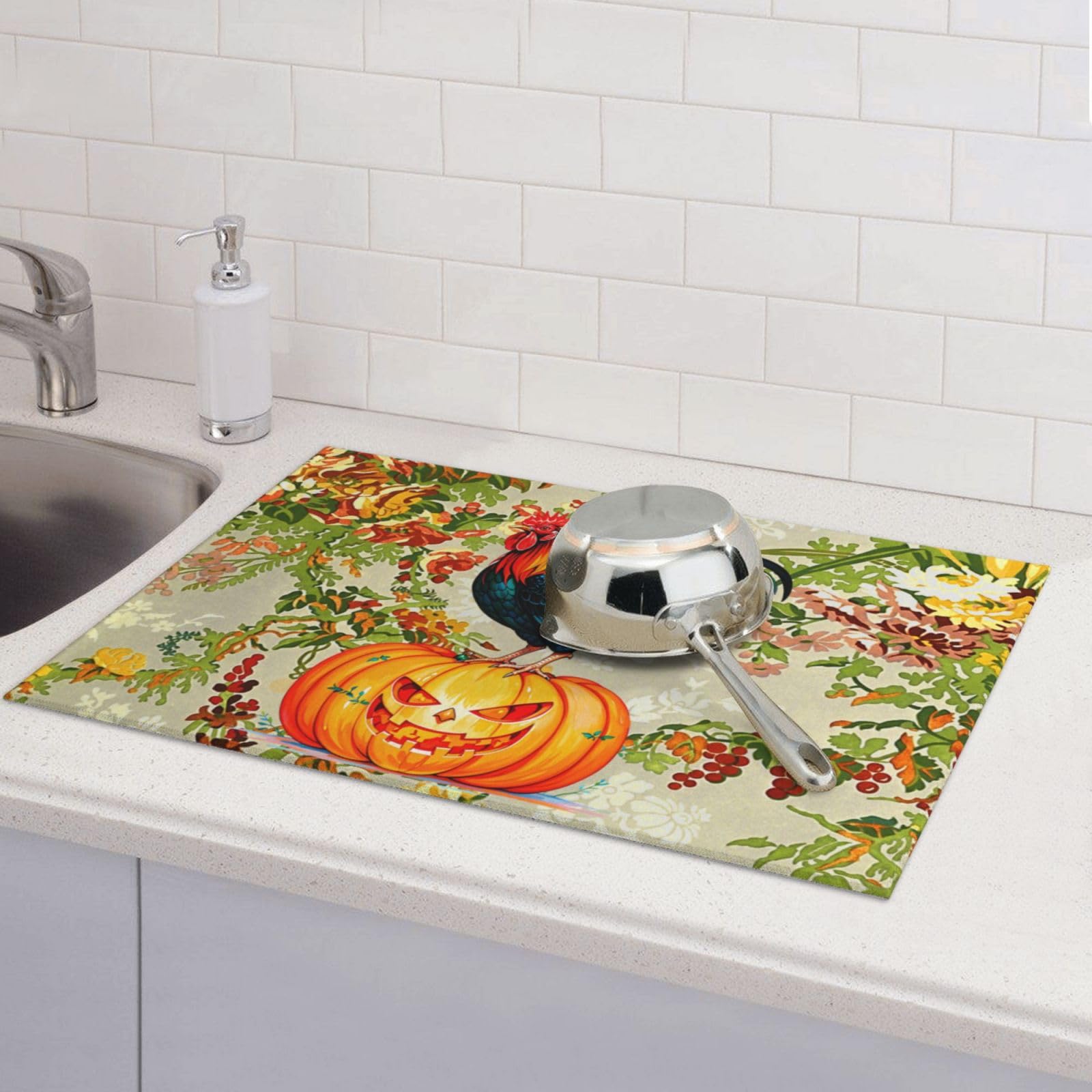 Rooster Pumpkin Dish Drying Mat Highly Absorbent Double