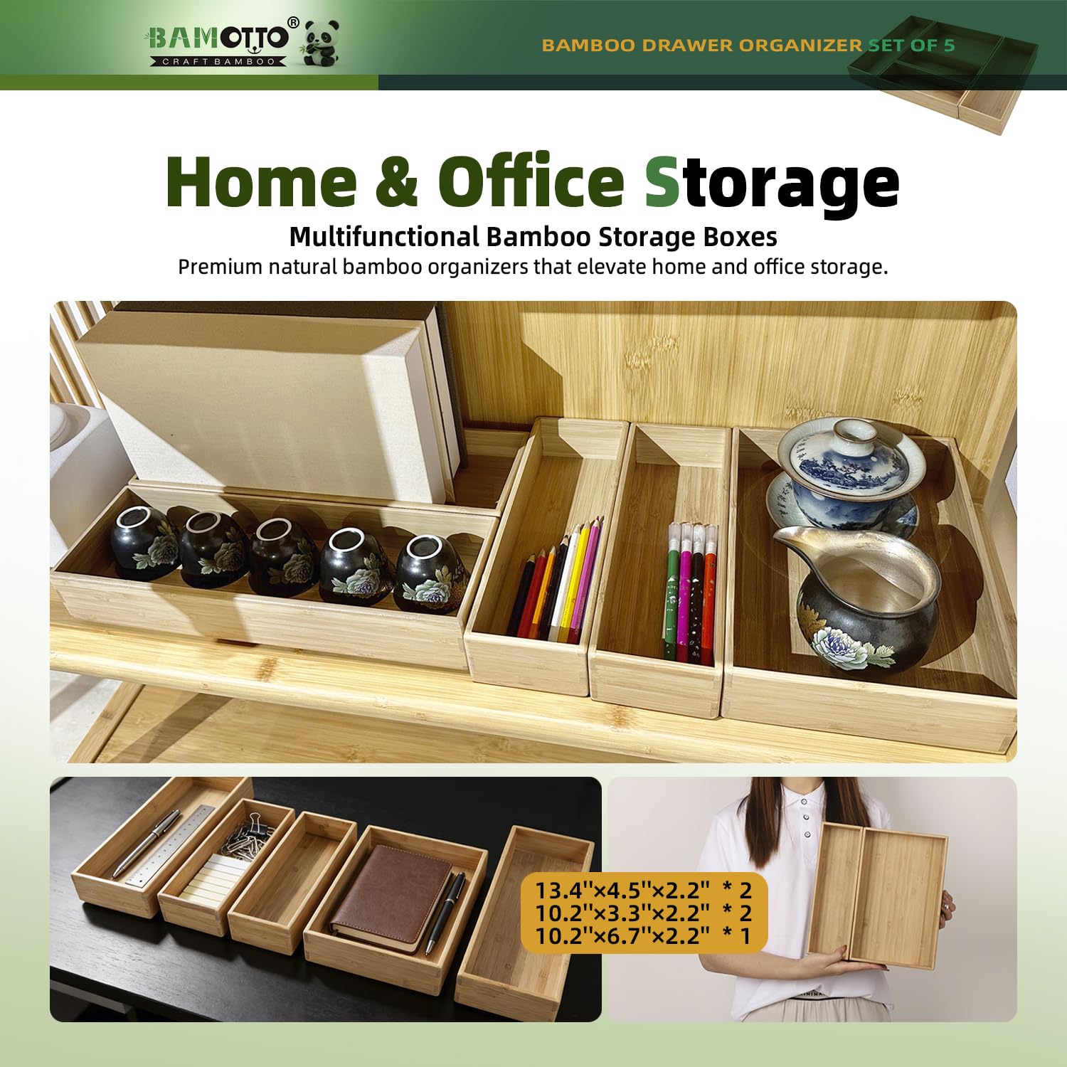 Stackable Bamboo Drawer Organizer Set of 5 for Kitchen (5 Count)