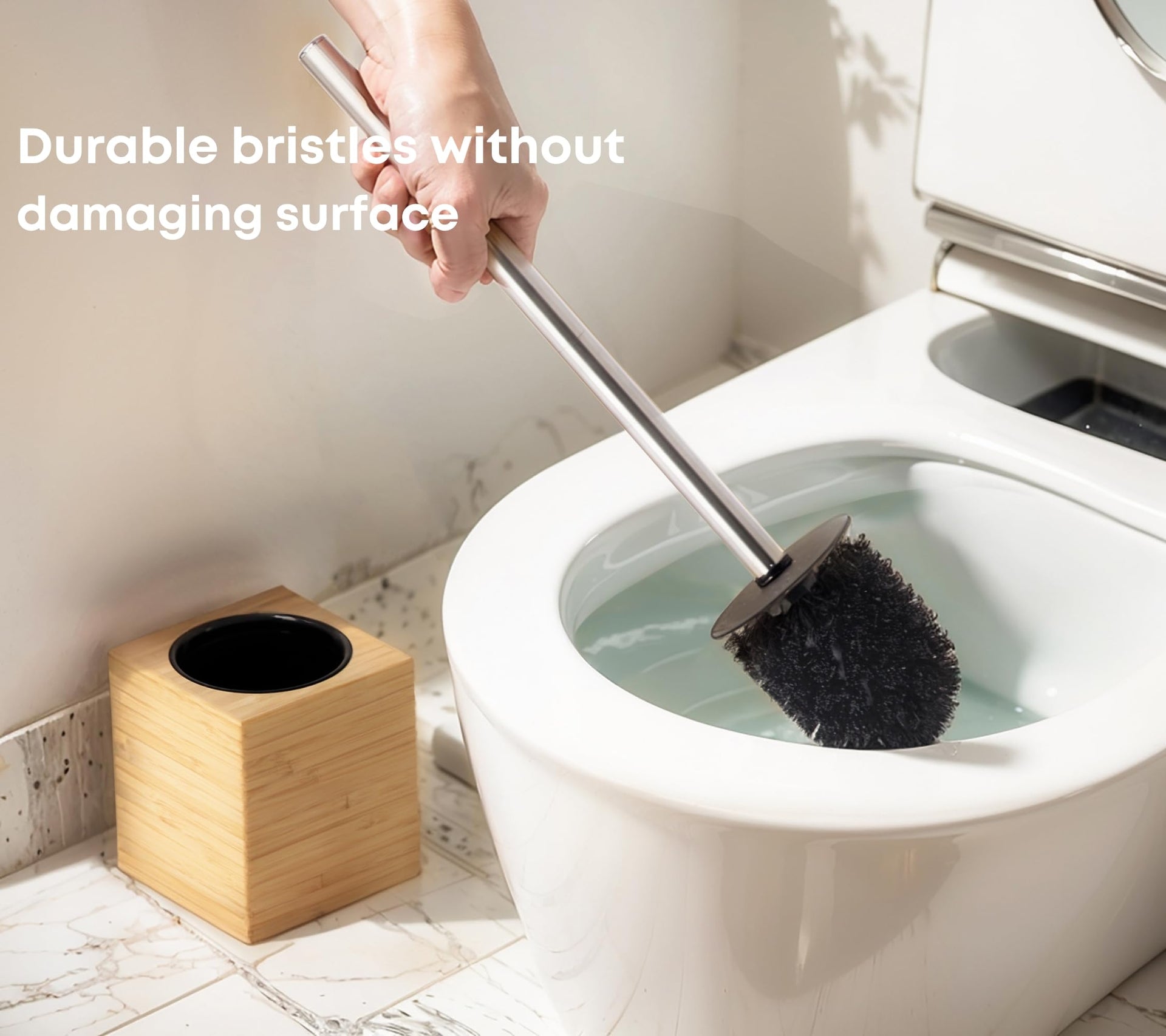 Toilet Bowl Brush Holder with Bamboo and Stainless Steel for Durable Use