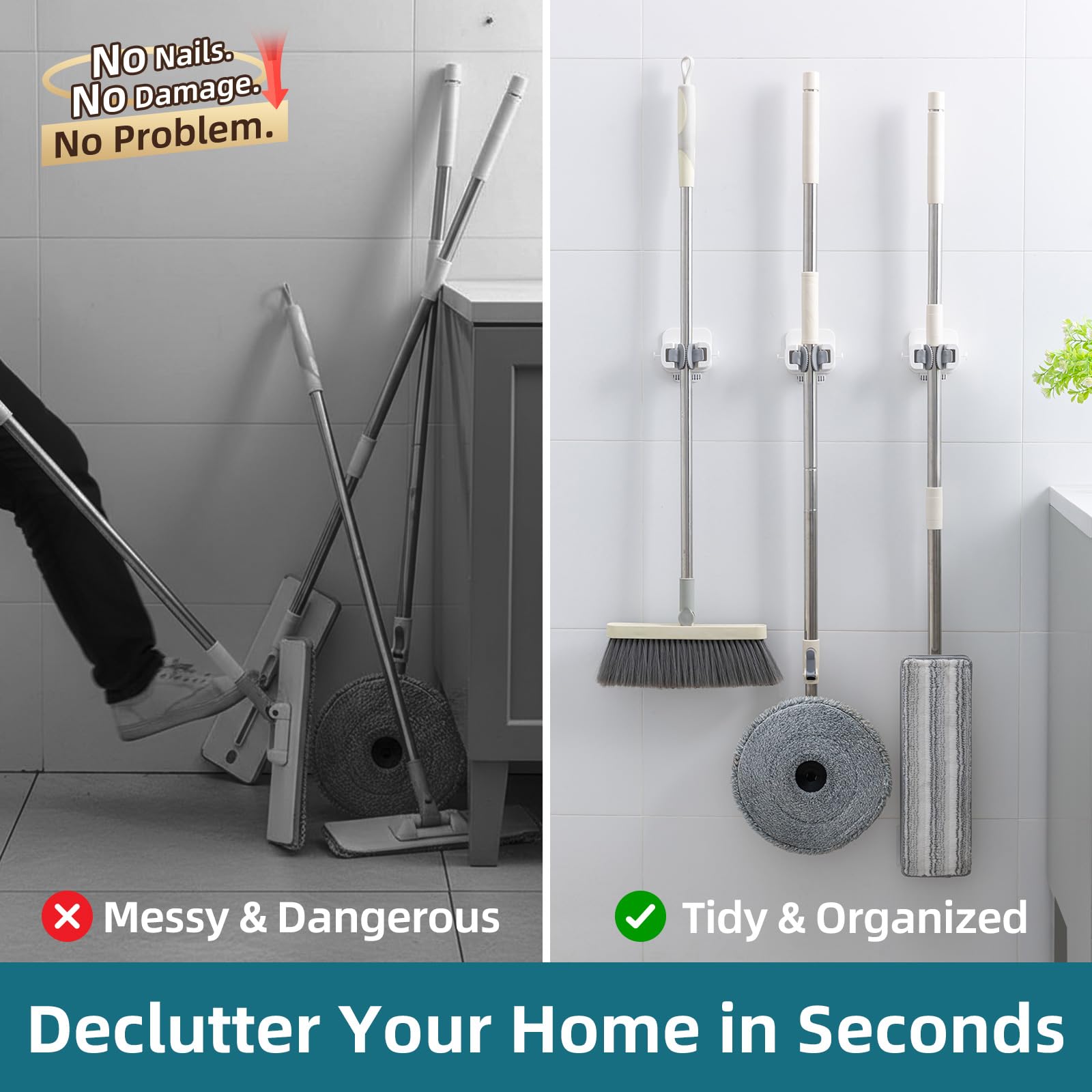 Mop and Broom Holder Wall Mount Grippers (3 Count)