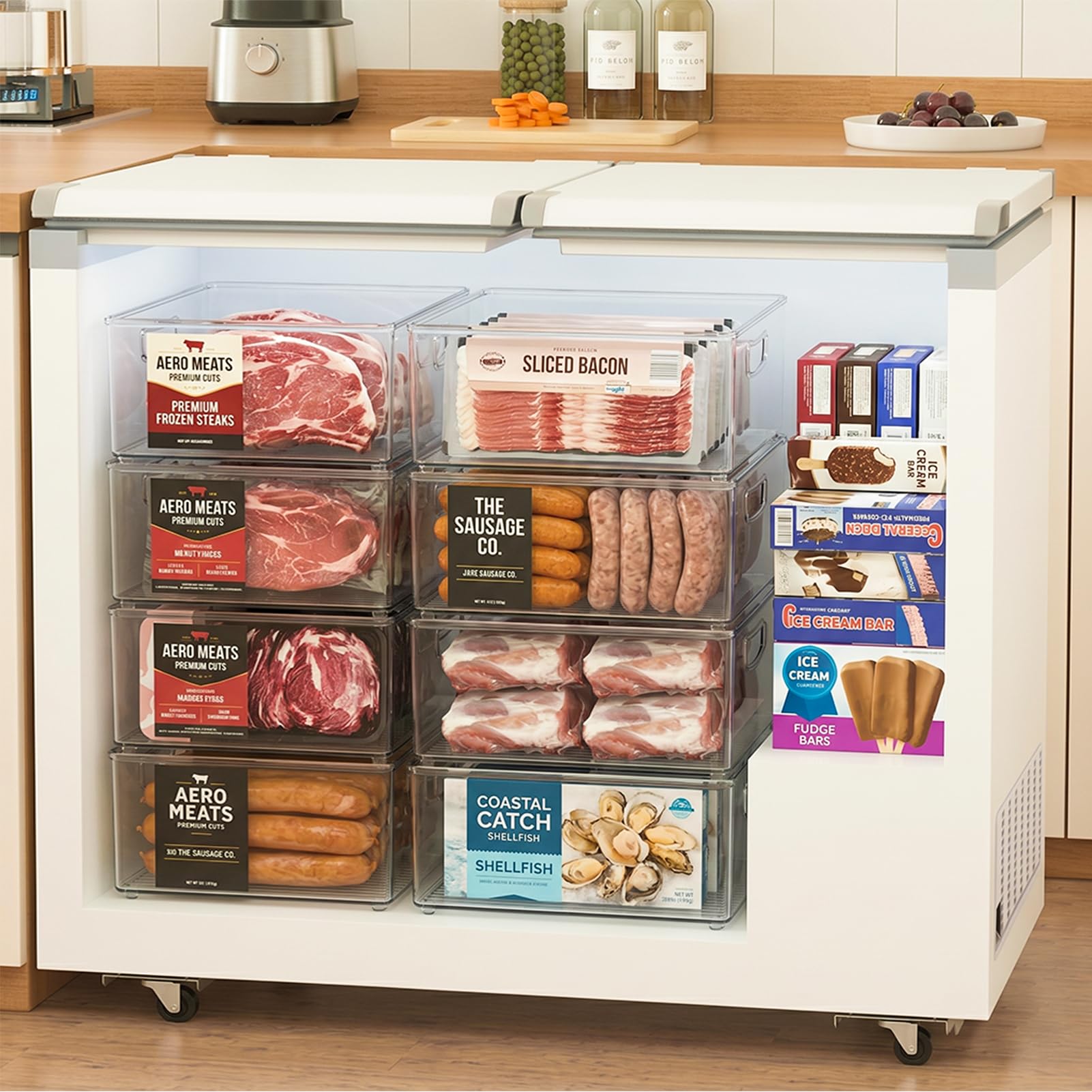 2 Pack Clear Freezer Organizer Bins Stackable Storage Bins with Side Handles for Kitchen Pantry Cabinet Organzation and Storage (2 Count)