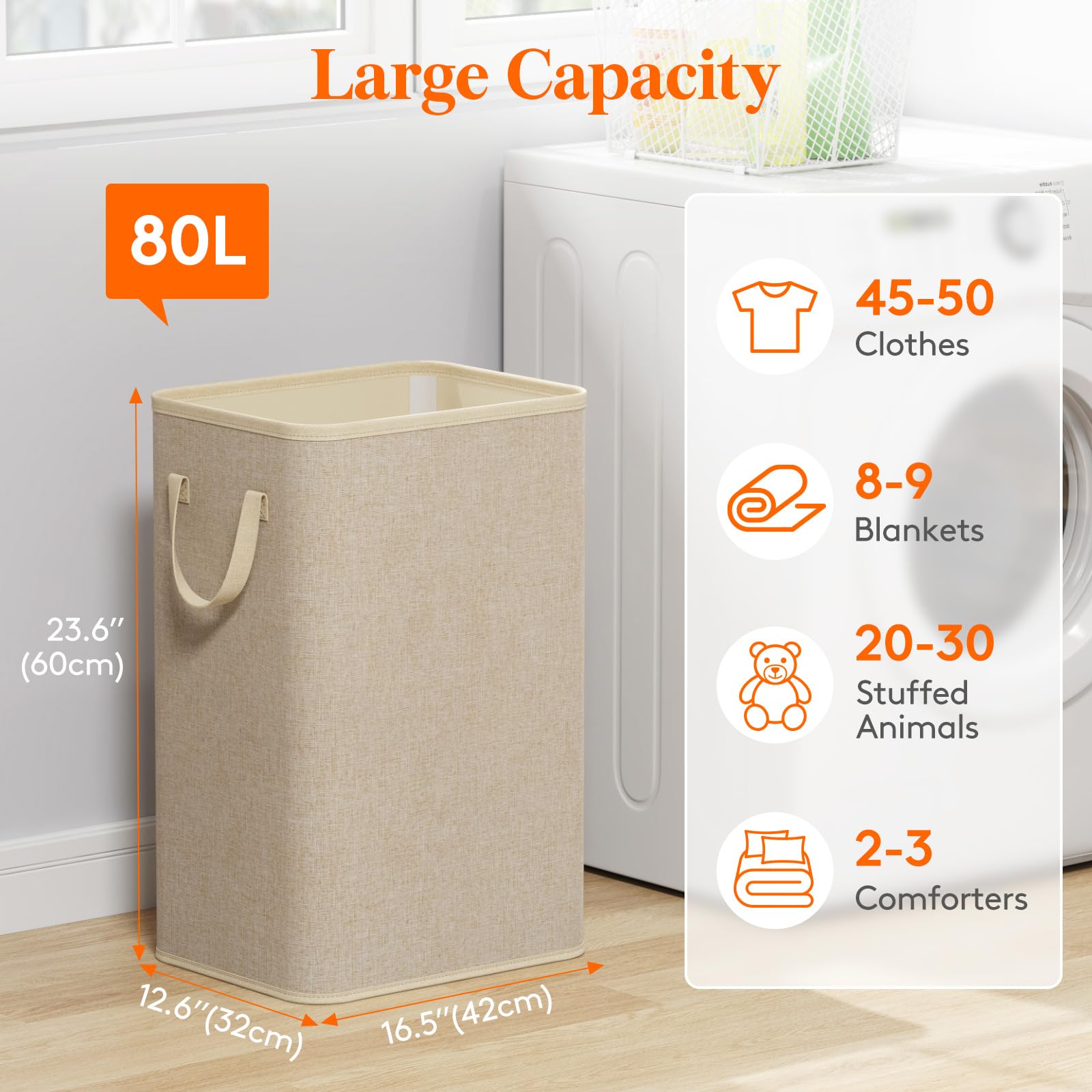 80L Large Laundry Basket with Handles