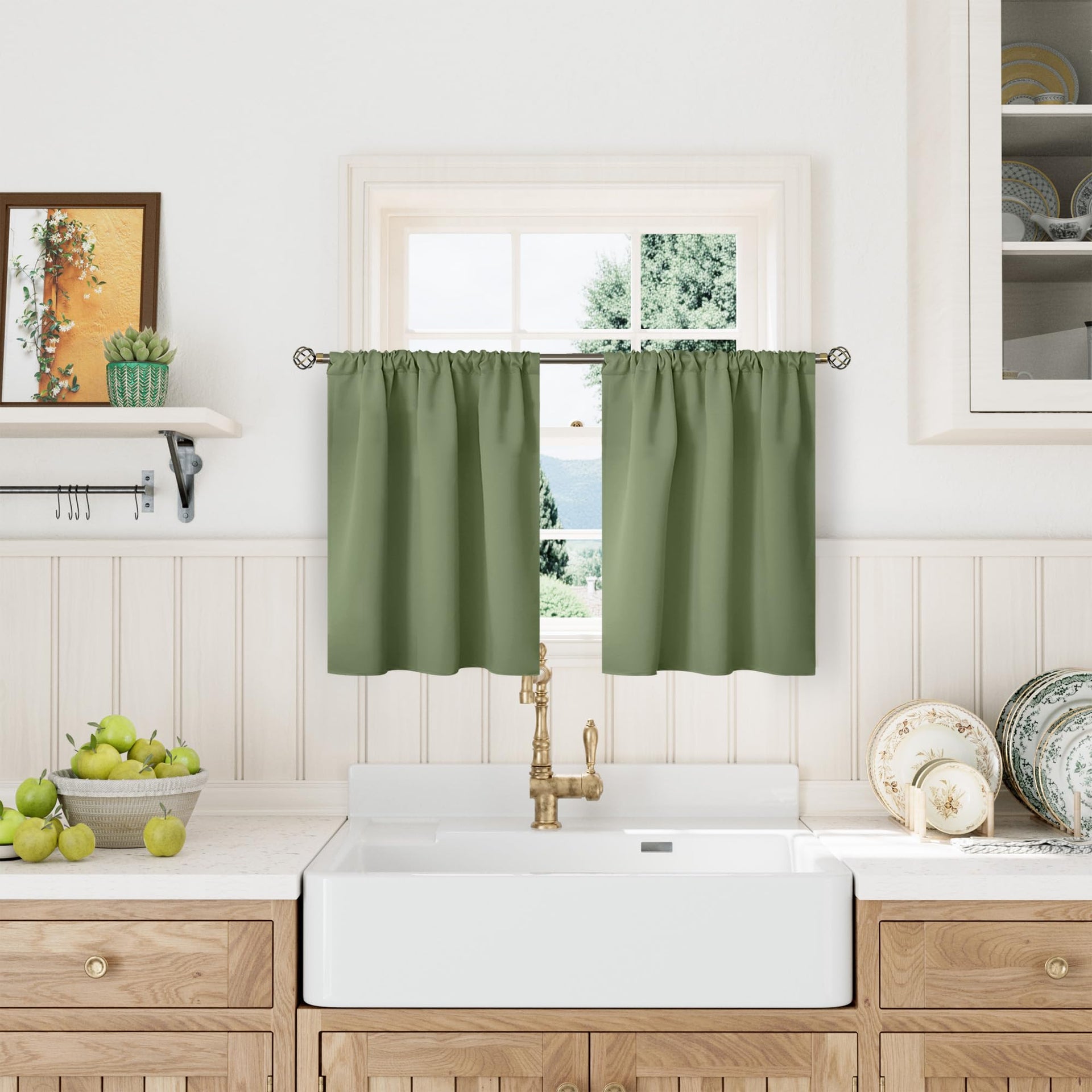 Olive Green Blackout Kitchen Curtains 36 Inches Long (2 Count)
