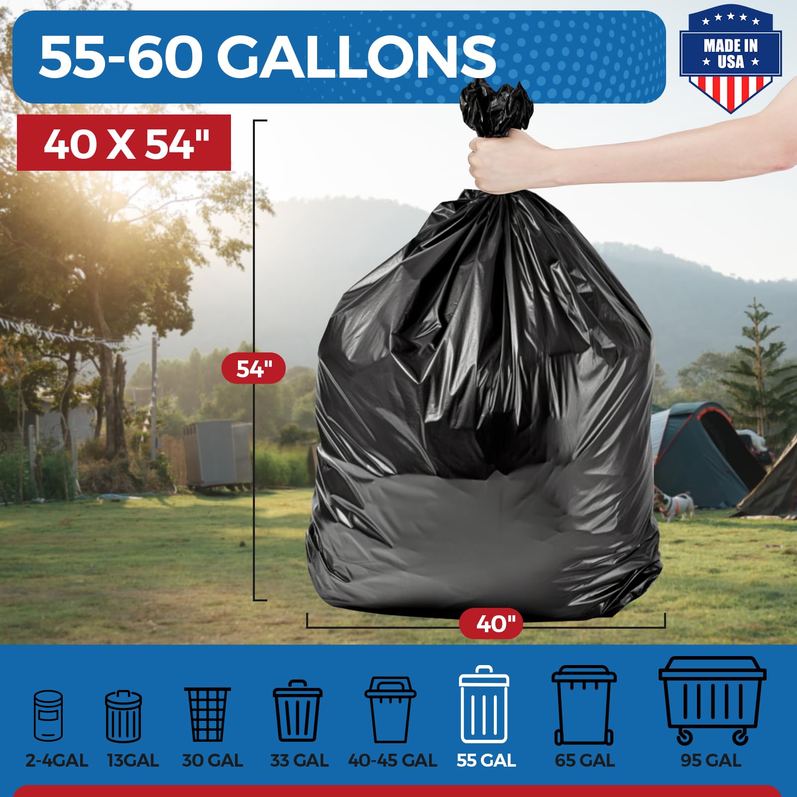 55 60 Gallon Trash Bags 150 Count Black Garbage Bags Made in USA