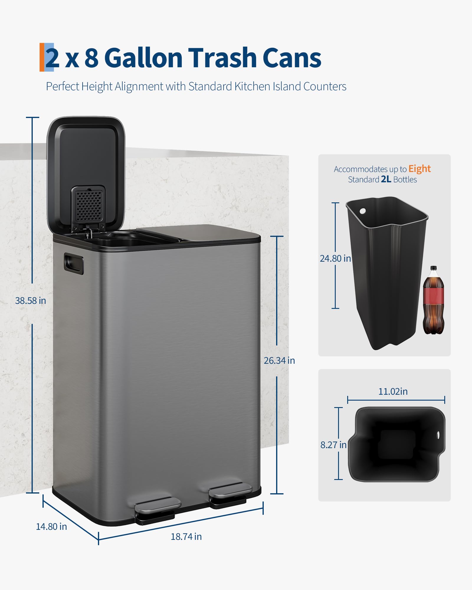 2 x 8 gal Stainless Steel Double Trash Can with Lid for Kitchen