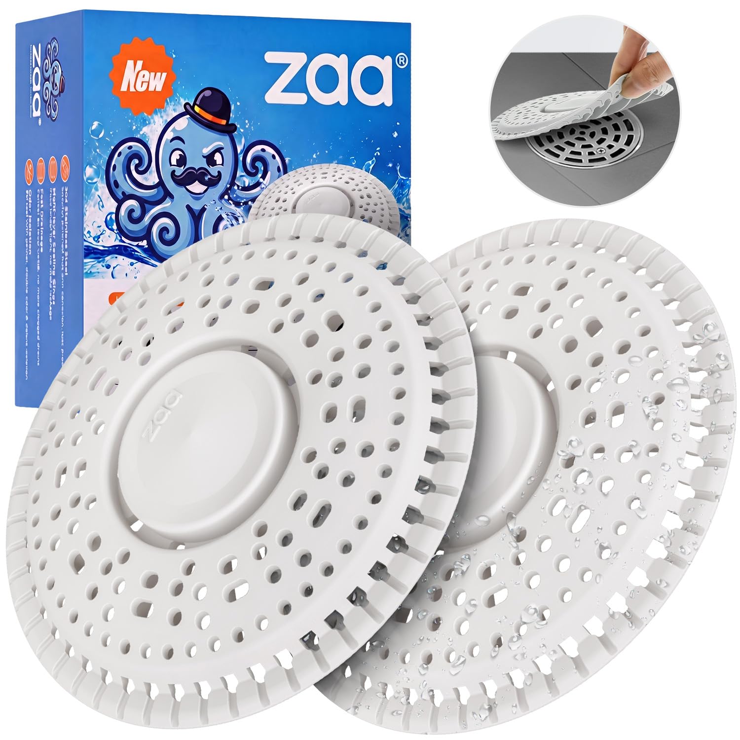 Shower Drain Hair Catcher Silicone Flat Floor Strainer Protector (2 Count)