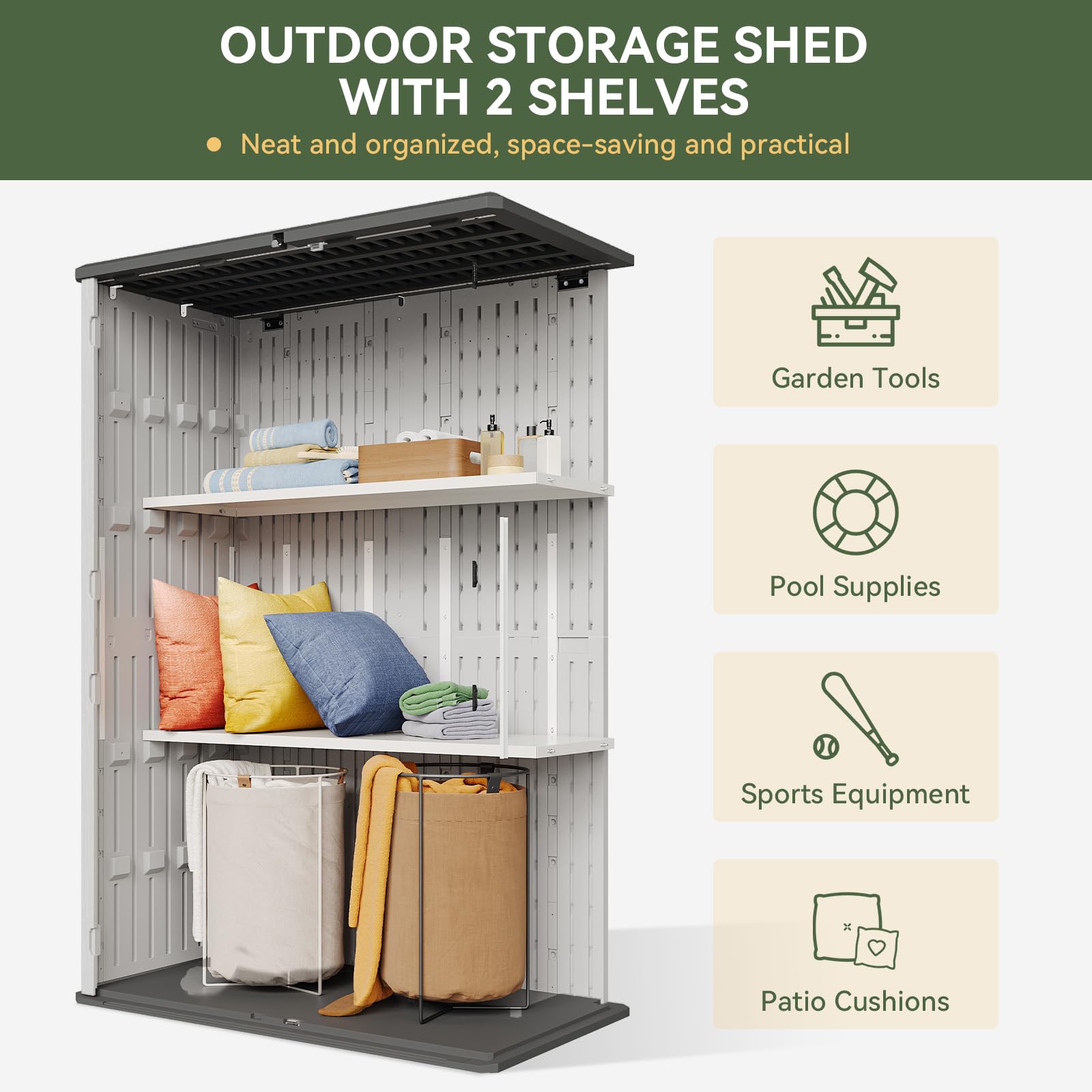 64 Cu.Ft Outdoor Storage Shed with Floor and 2 Shelves