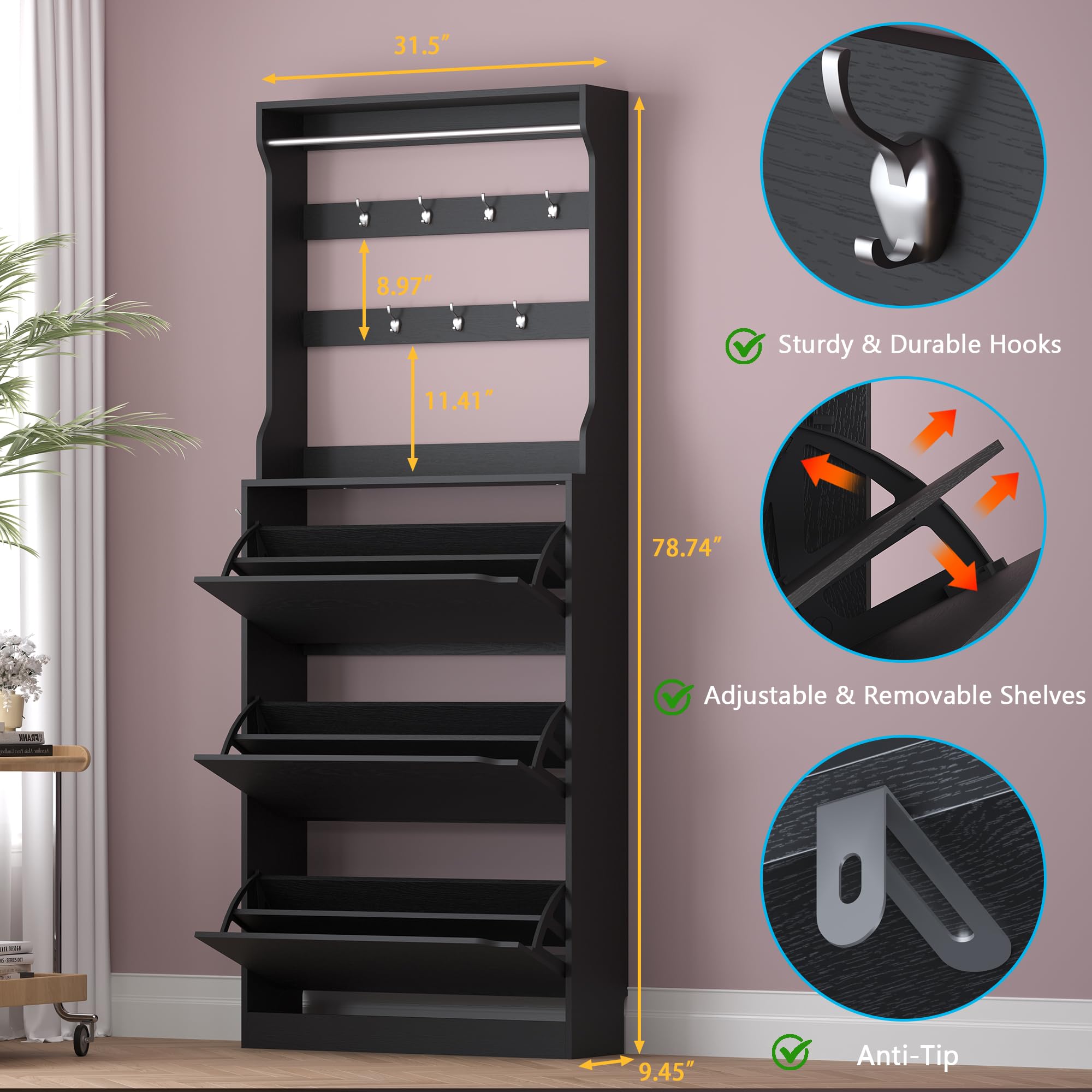 Shoe Cabinet with 3 Flip Drawers & Coat Rack