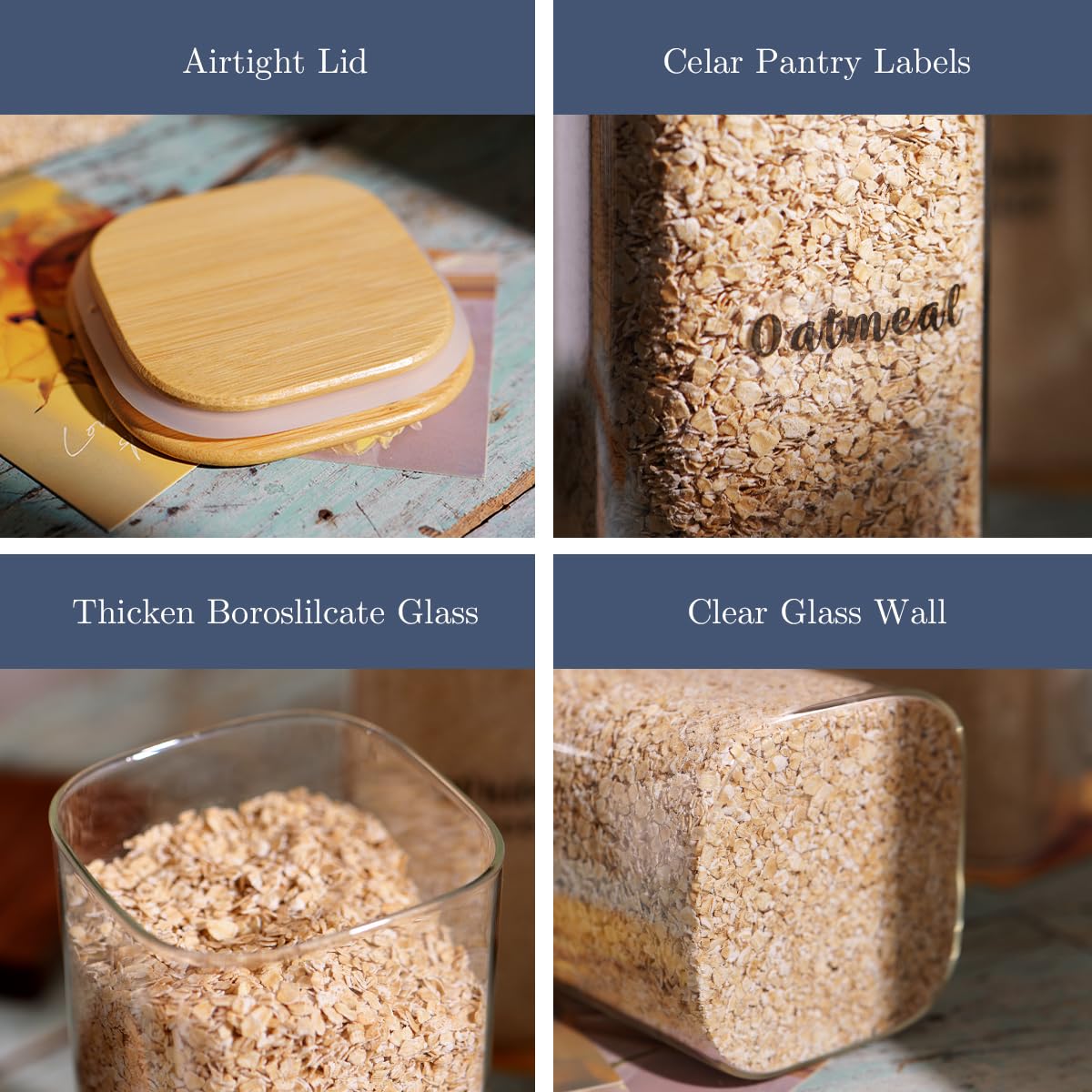 3 Pcs Square Glass Pantry Storage Containers with Bamboo Airtight Lid and 248 Clear Pantry Labels Preprinted