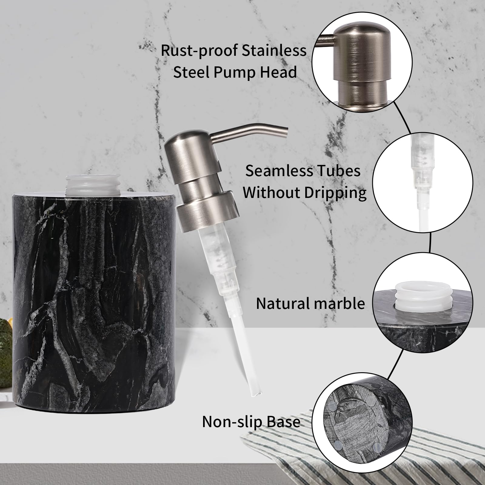 Marble Soap Dispenser with Stainless Steel Pump (6 Ounce)