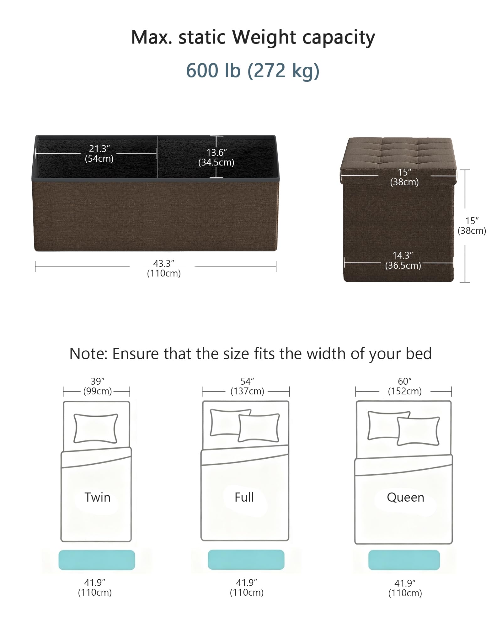 43 Inches Folding Storage Ottoman Bench
