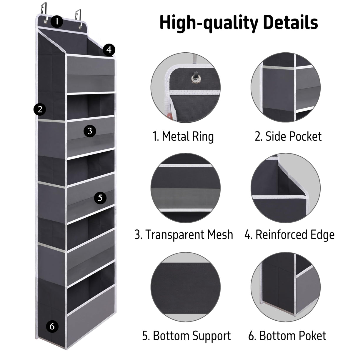 Gray Over Door Organizer with 5 Large Clear Pockets and 6 Side Mesh Pockets